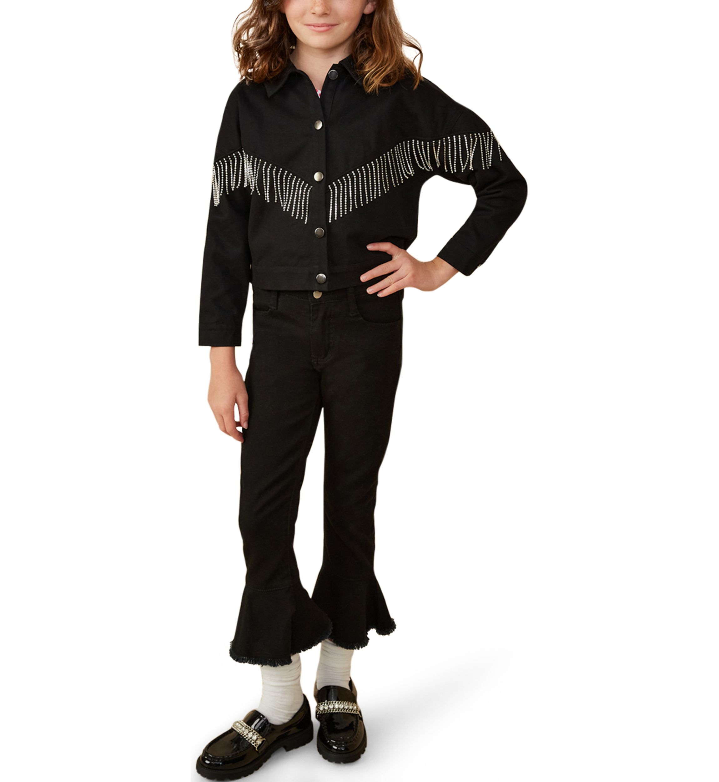 Girls 7-16 Button Front Rhinestone Fringe Jacket
