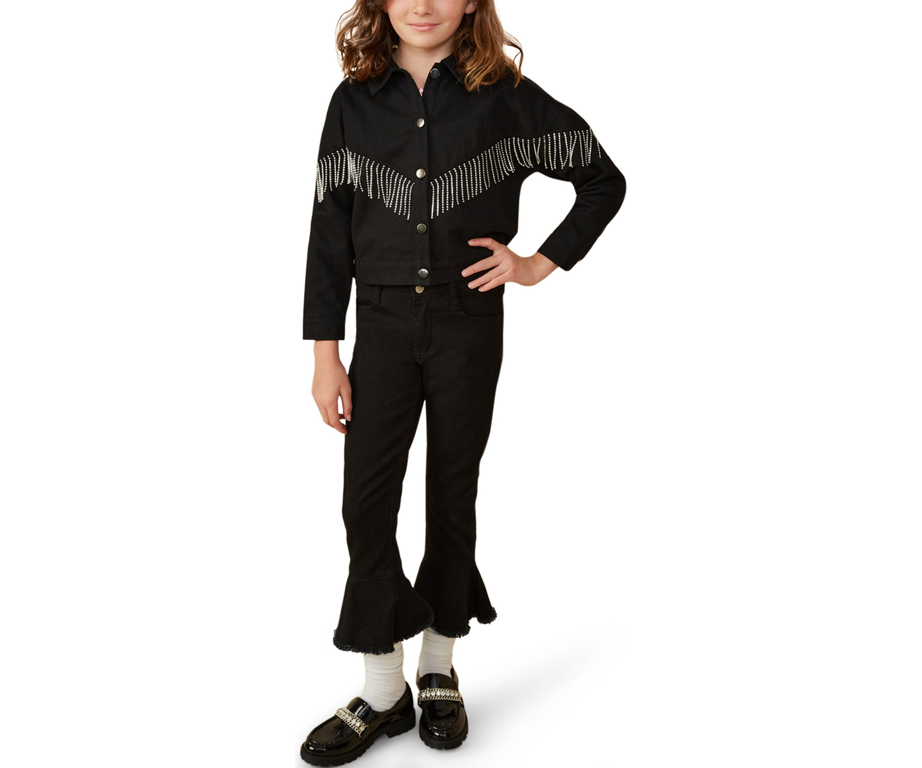 Girls 7-16 Button Front Rhinestone Fringe Jacket