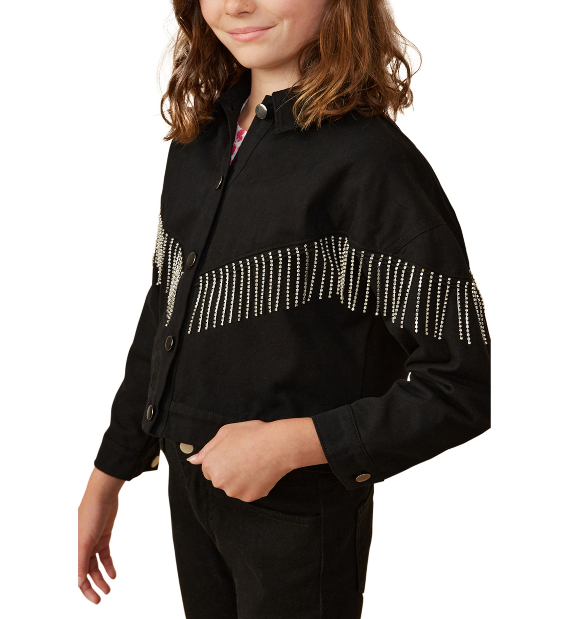 Girls 7-16 Button Front Rhinestone Fringe Jacket