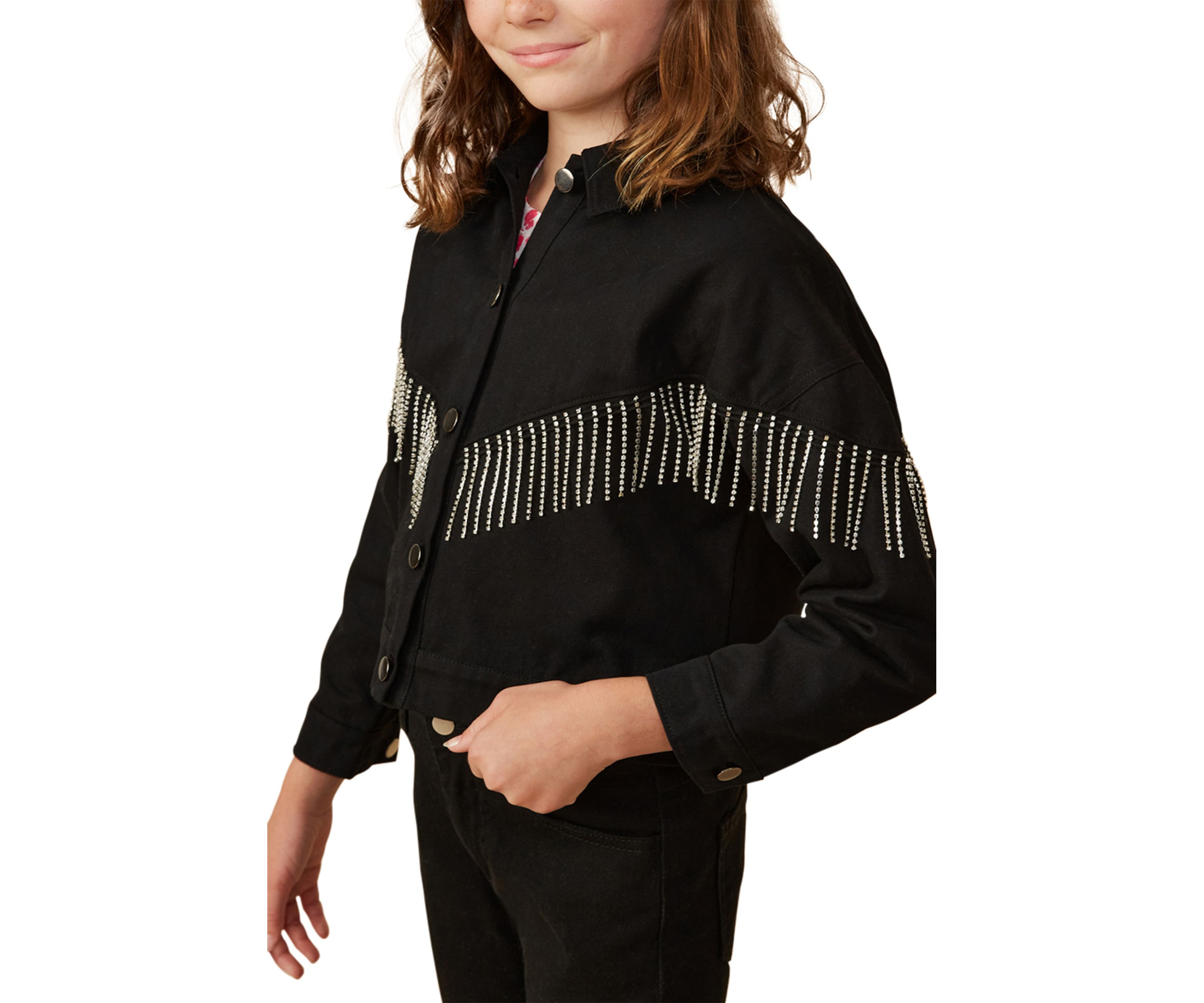 Girls 7-16 Button Front Rhinestone Fringe Jacket