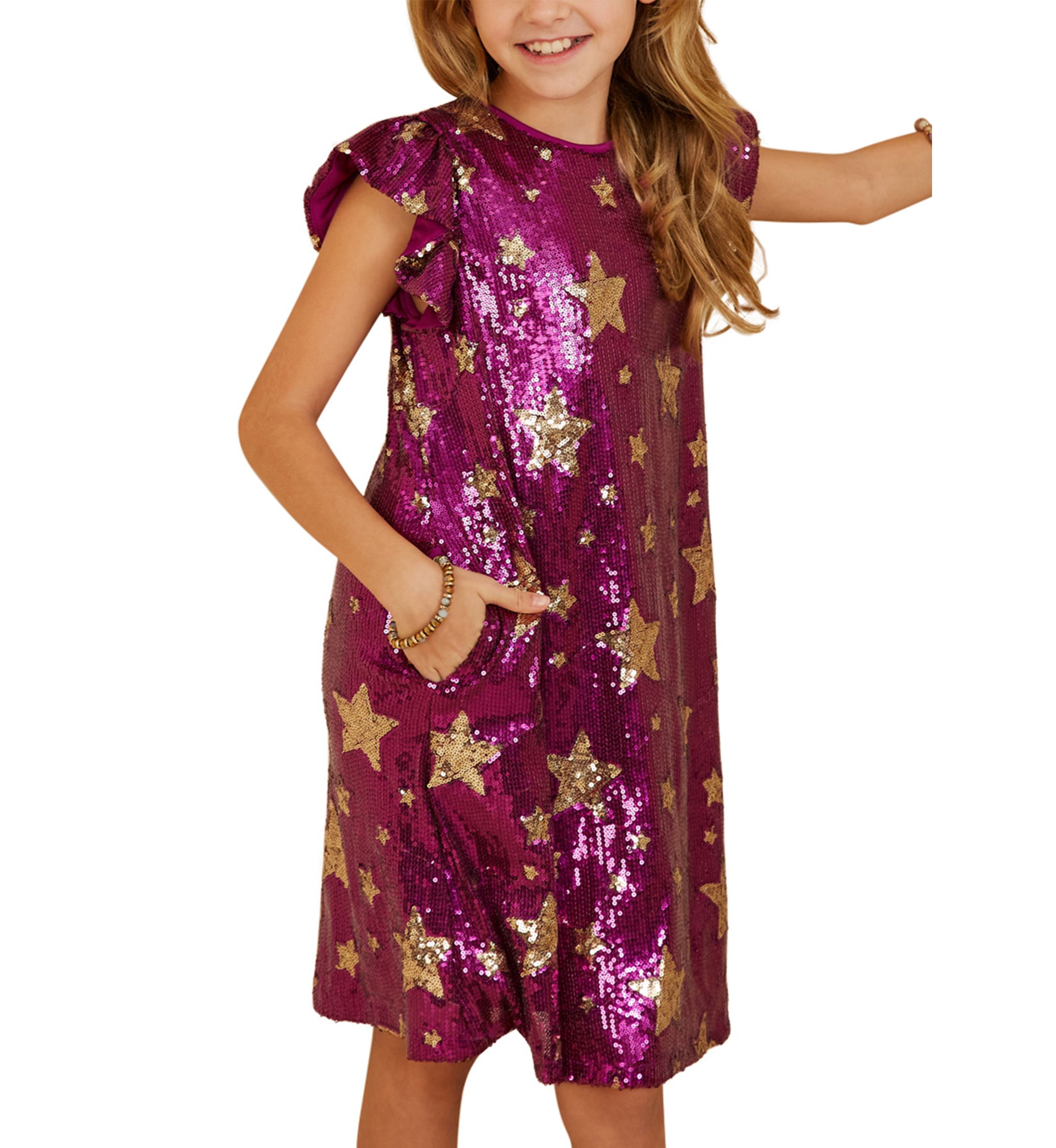 Girls 7-16 Sequin Star Printed Shift Dress