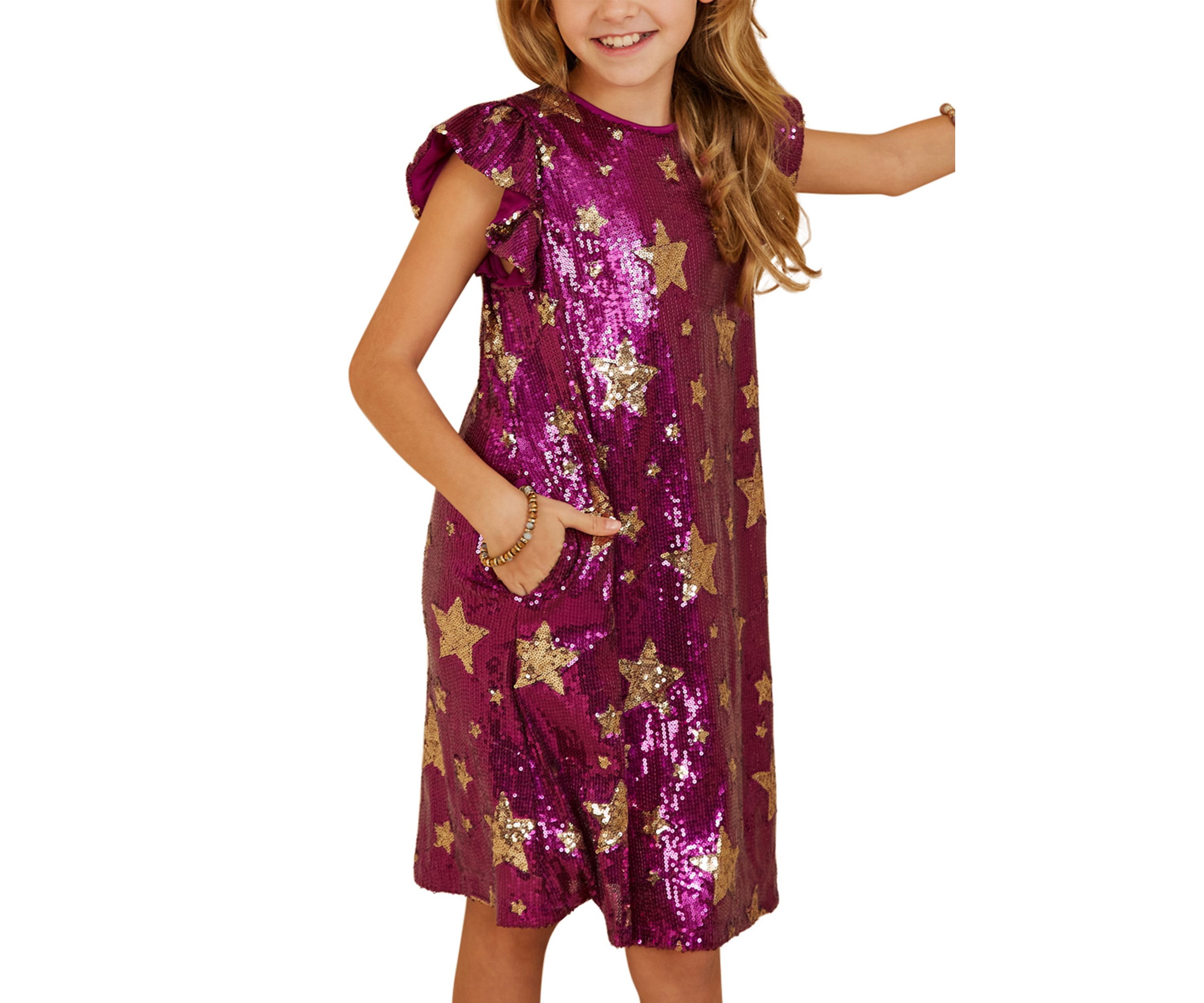 Girls 7-16 Sequin Star Printed Shift Dress
