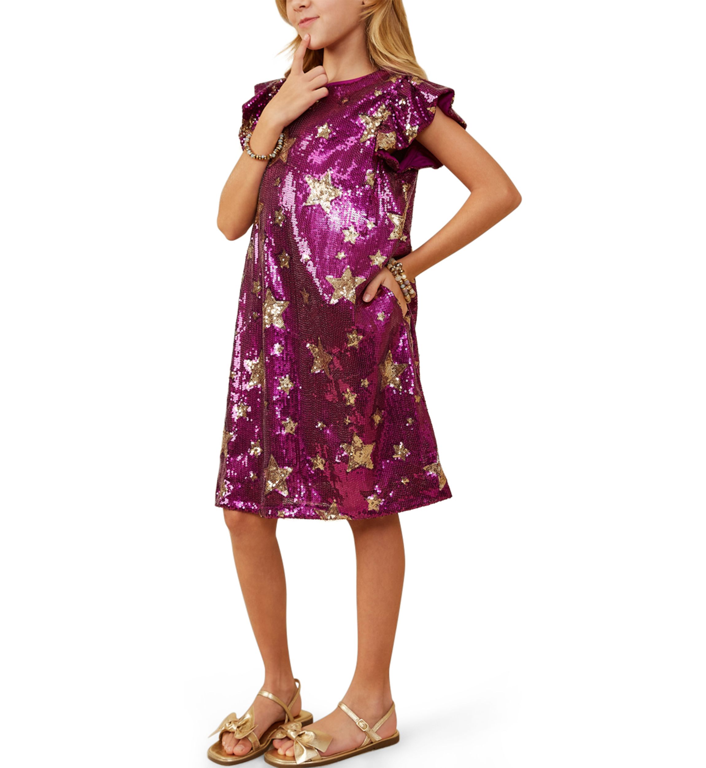 Girls 7-16 Sequin Star Printed Shift Dress