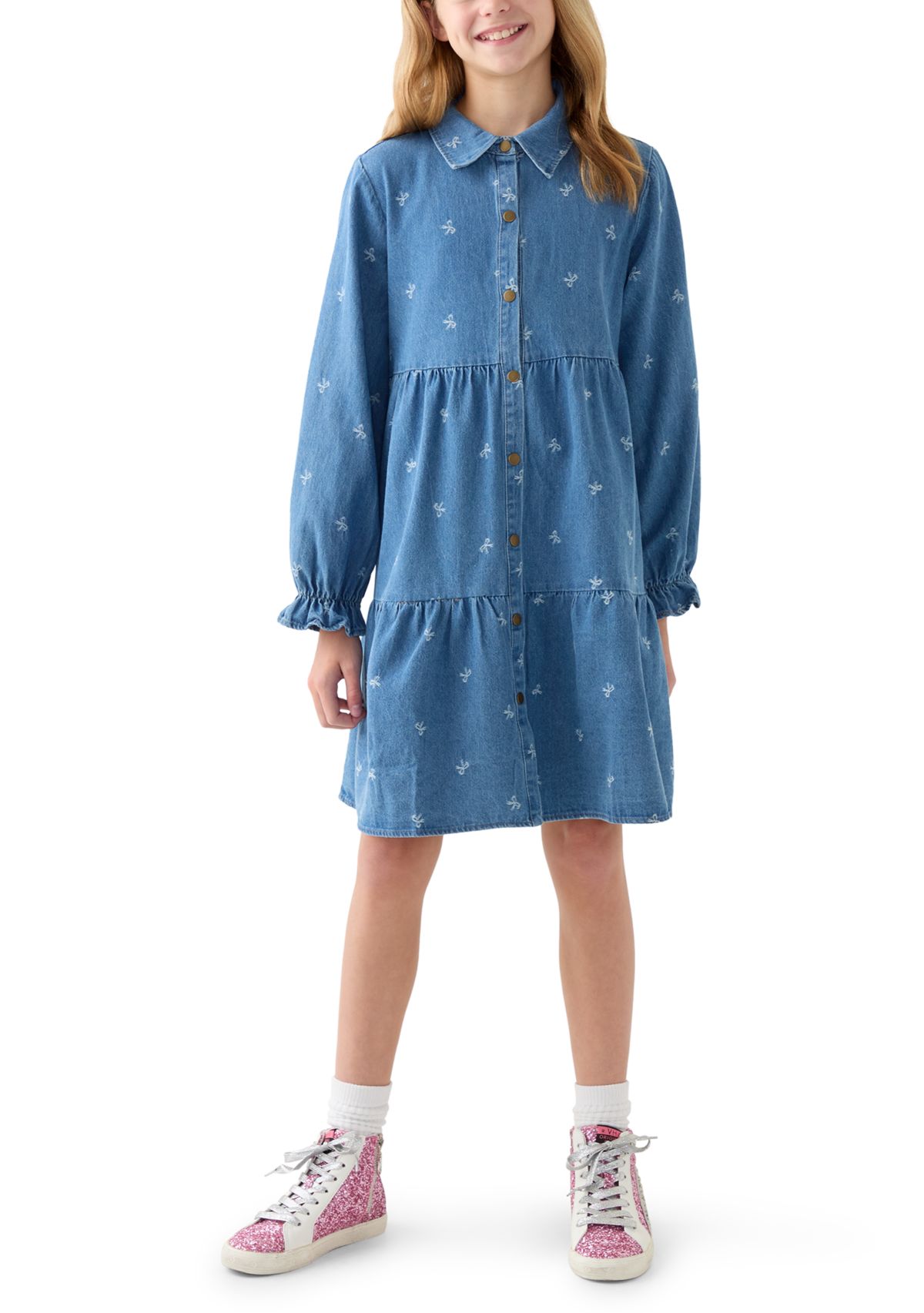 Girls 7-16 Bow Print Denim Dress