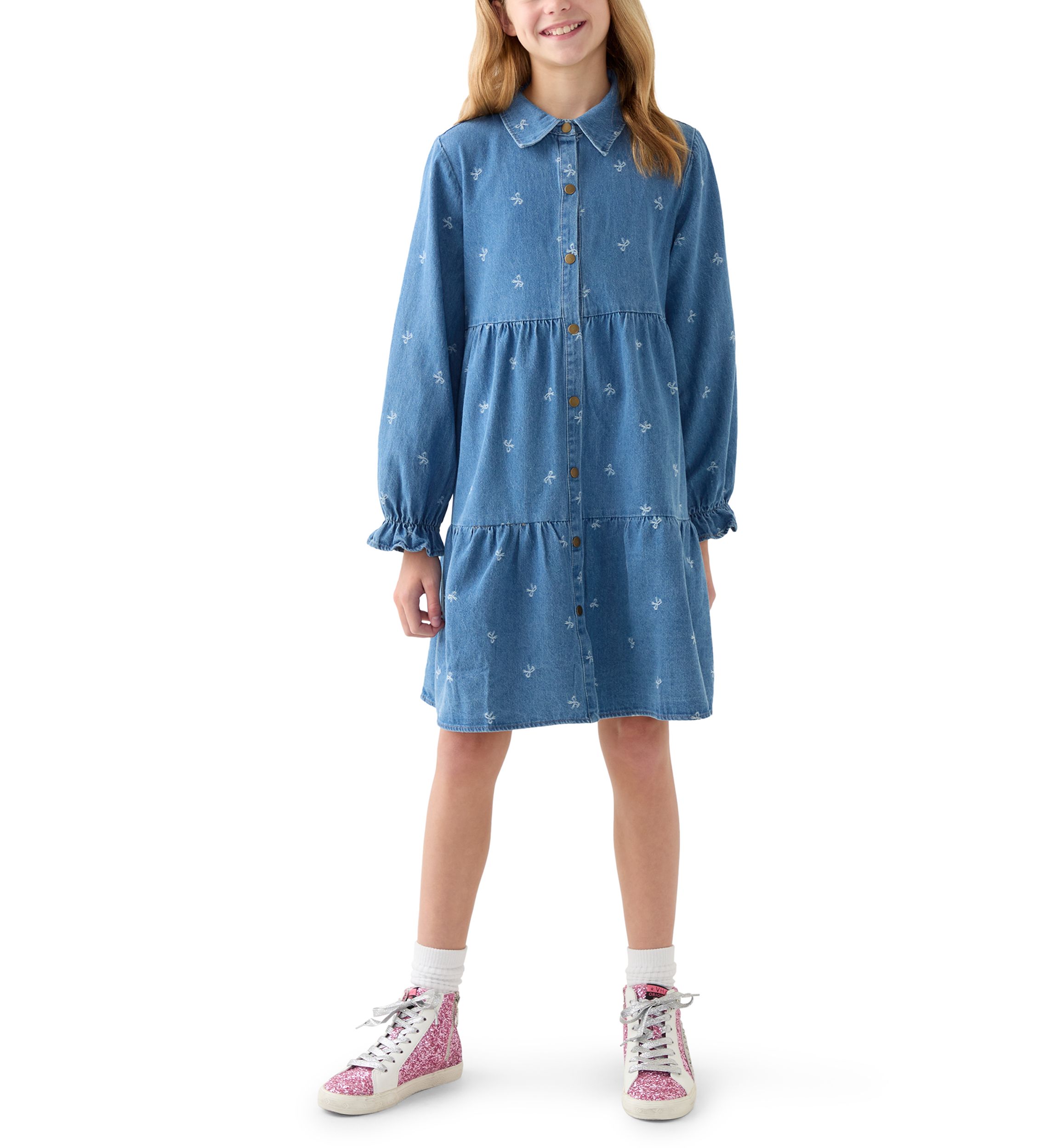 Girls 7-16 Bow Print Denim Dress