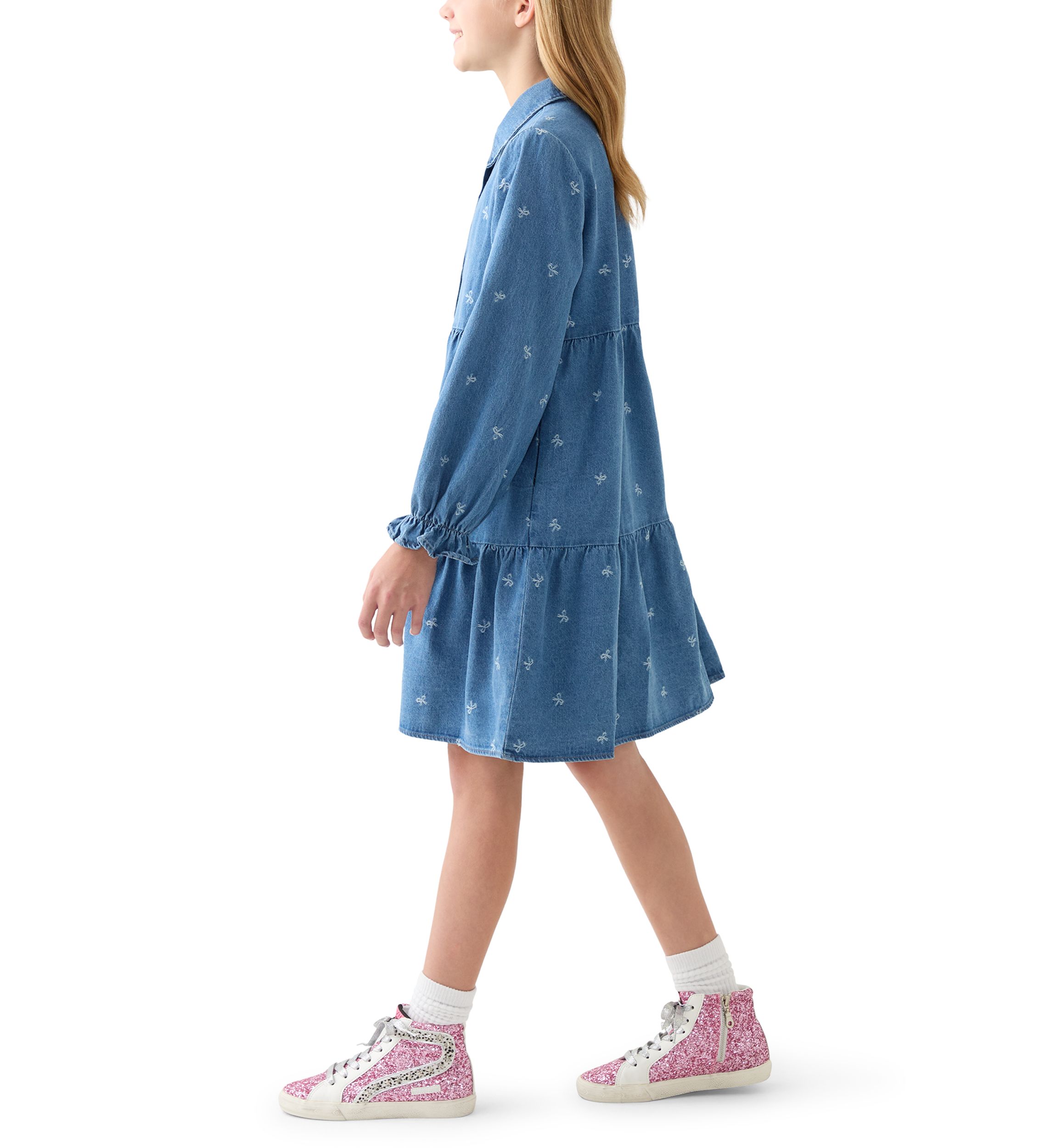 Girls 7-16 Bow Print Denim Dress