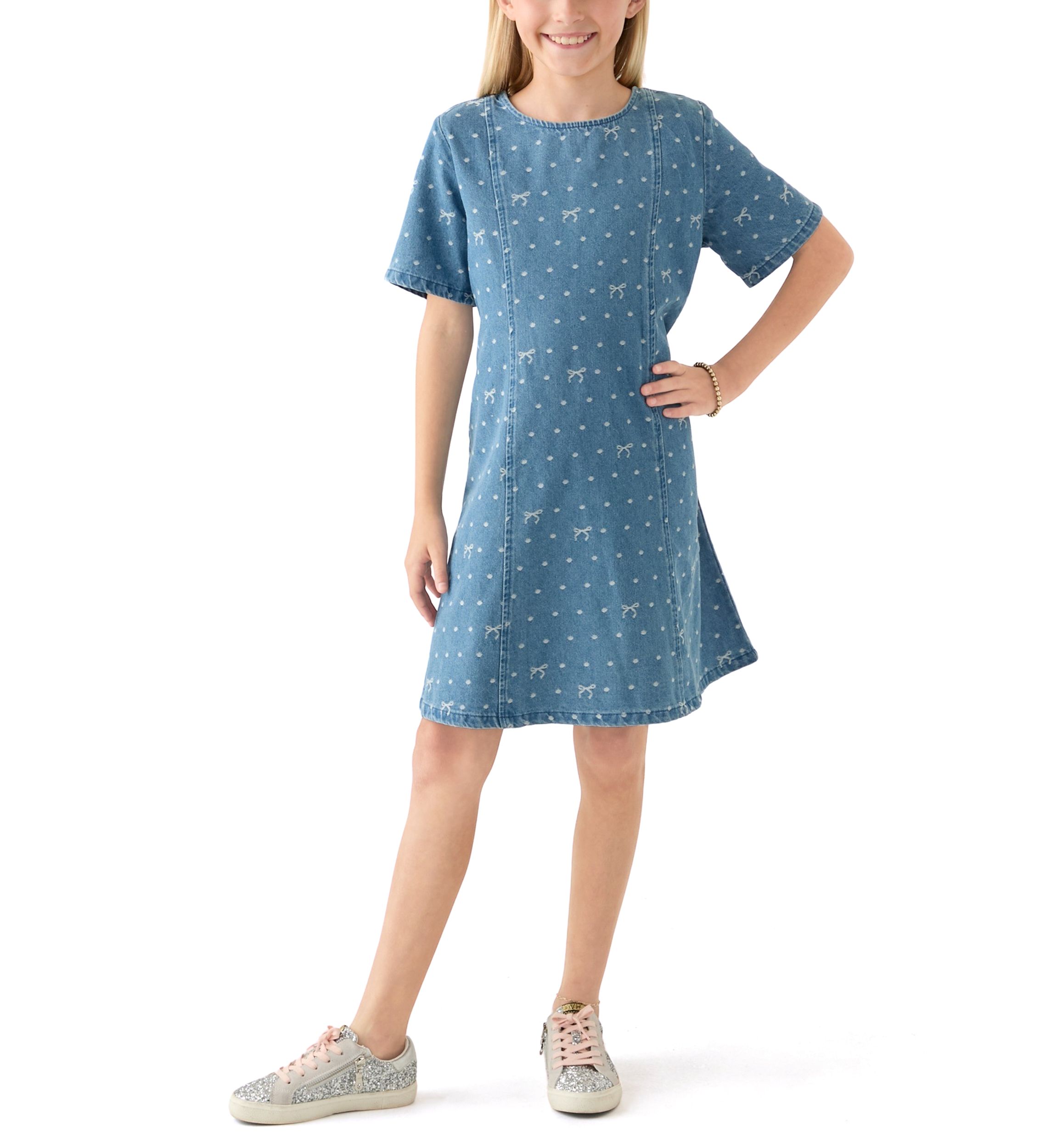 Girls 7-16 Polka Dot and Bow Printed Denim Dress
