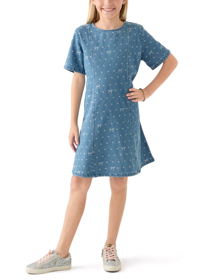 Girls 7-16 Polka Dot and Bow Printed Denim Dress