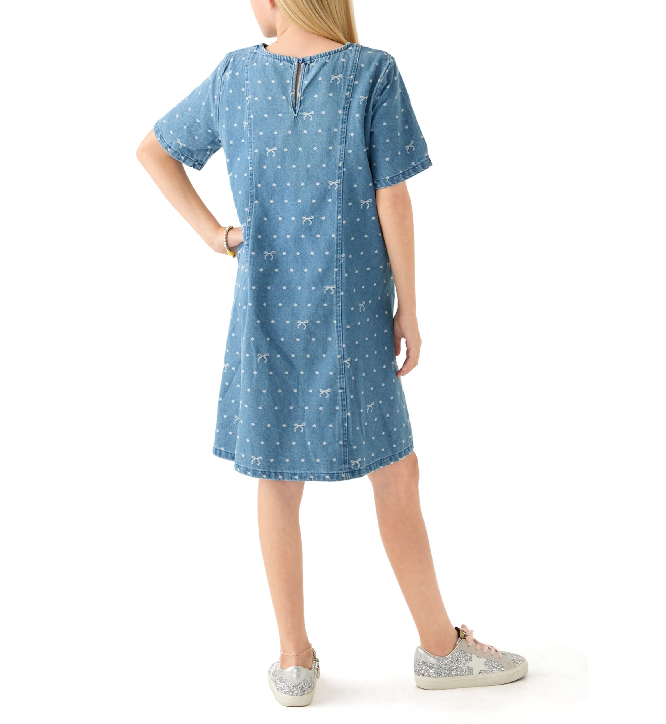 Girls 7-16 Polka Dot and Bow Printed Denim Dress