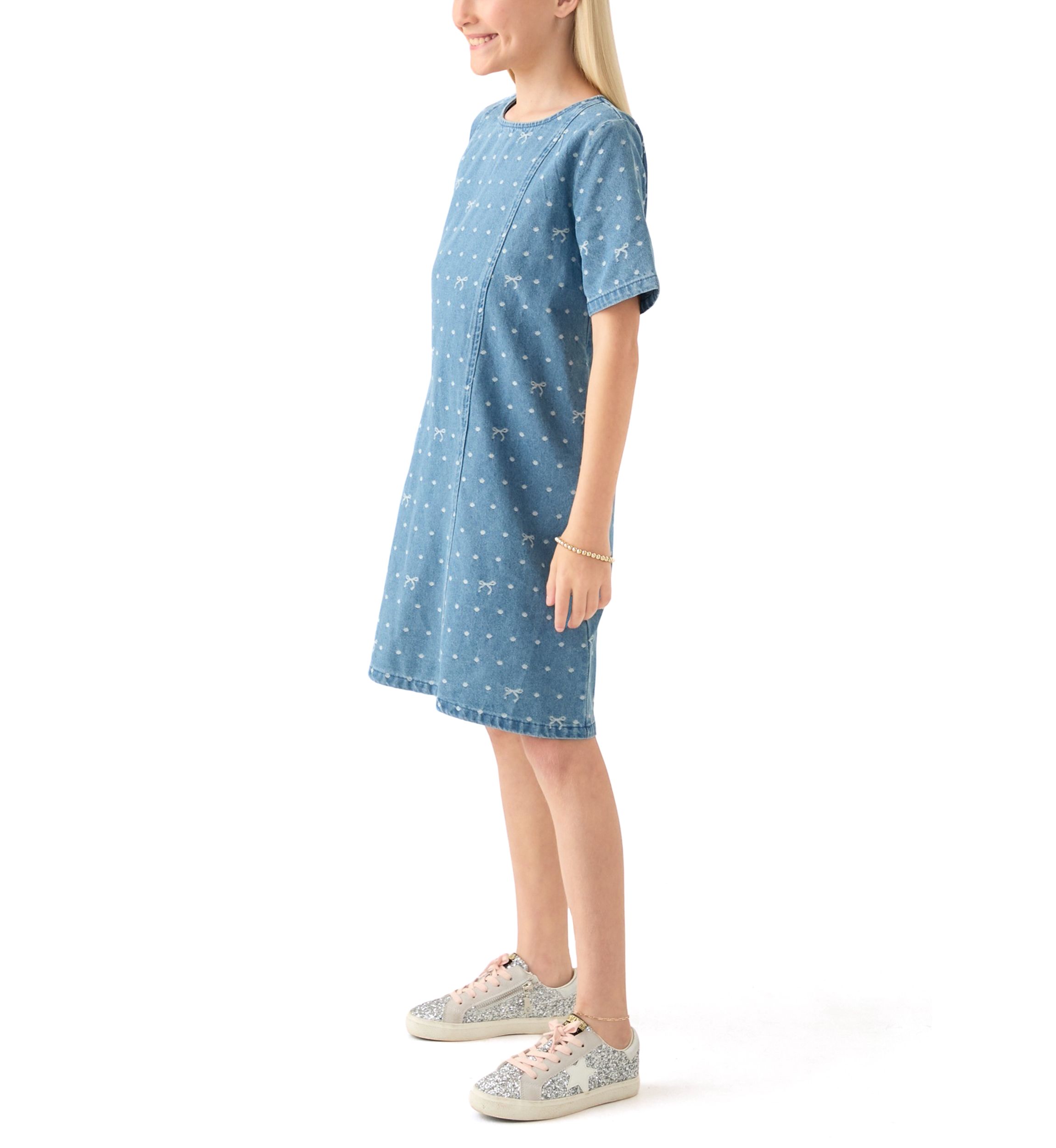 Girls 7-16 Polka Dot and Bow Printed Denim Dress