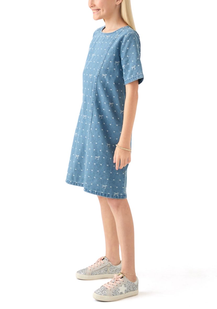 Girls 7-16 Polka Dot and Bow Printed Denim Dress