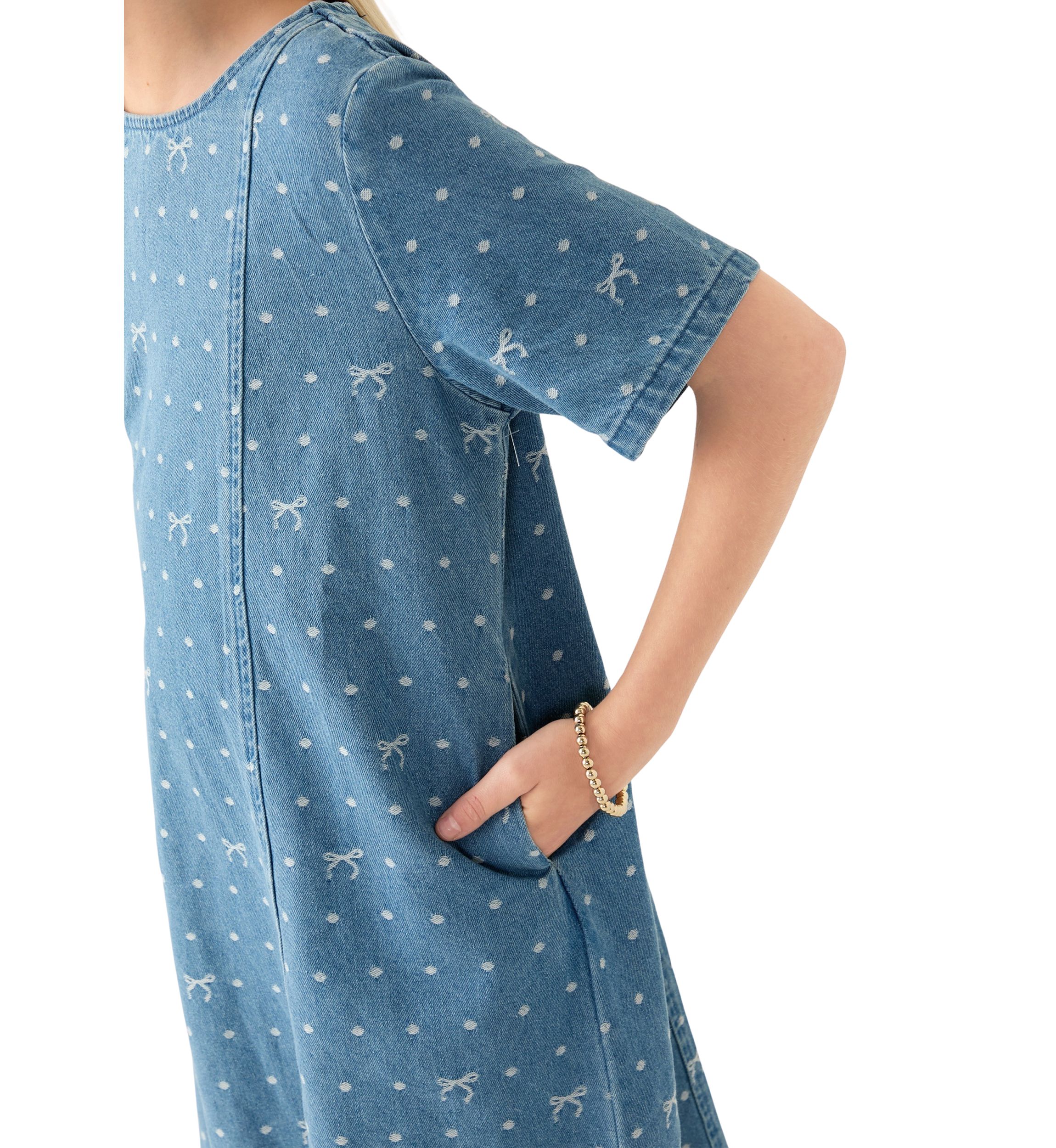 Girls 7-16 Polka Dot and Bow Printed Denim Dress