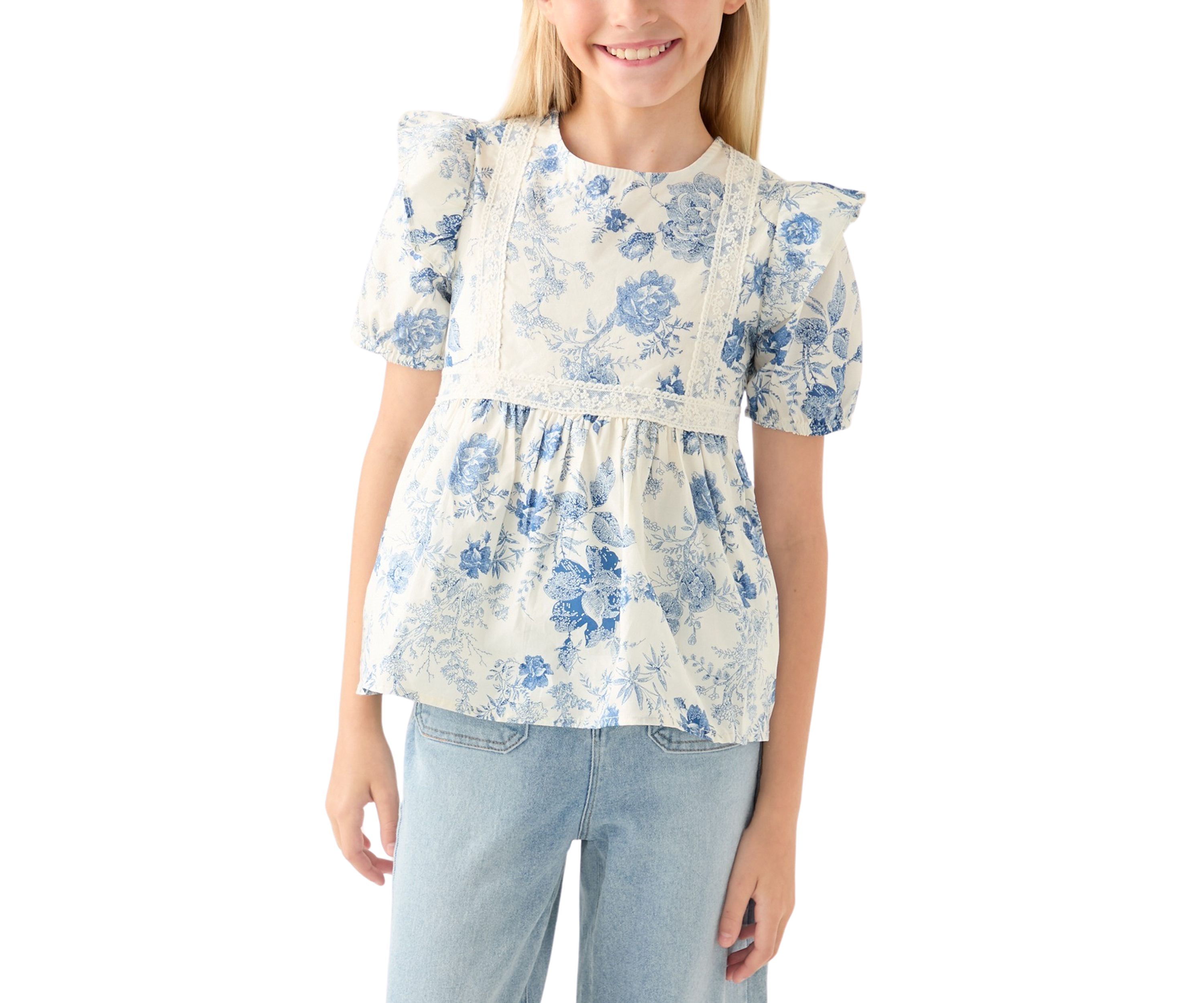 Girls 7-16 Antique Floral Printed Lace Trim Top