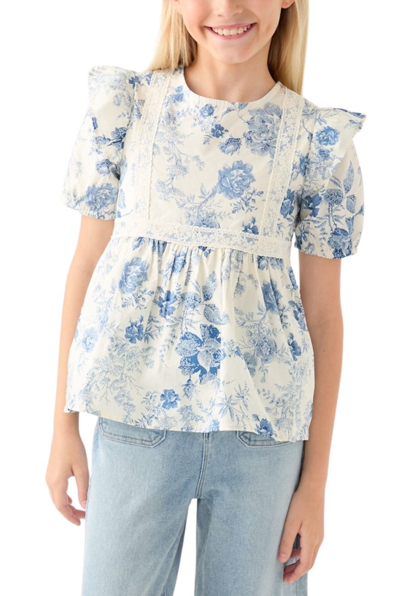 Girls 7-16 Antique Floral Printed Lace Trim Top