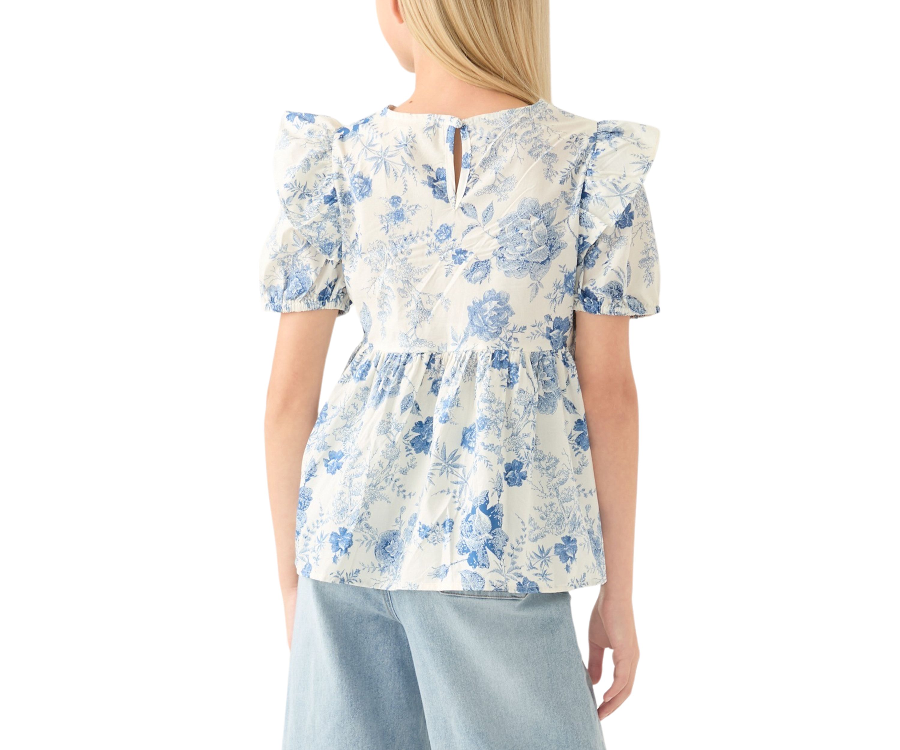 Girls 7-16 Antique Floral Printed Lace Trim Top