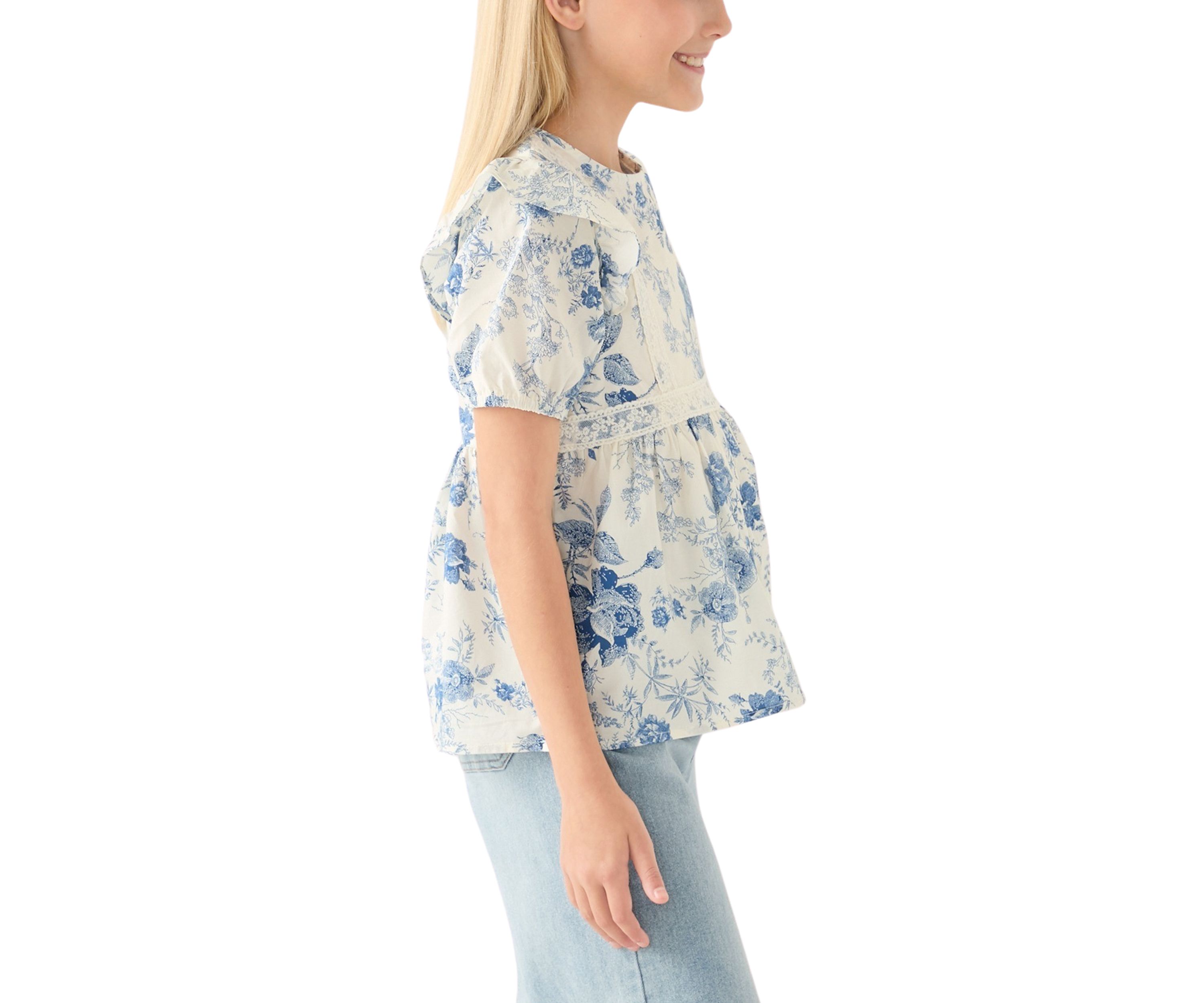 Girls 7-16 Antique Floral Printed Lace Trim Top