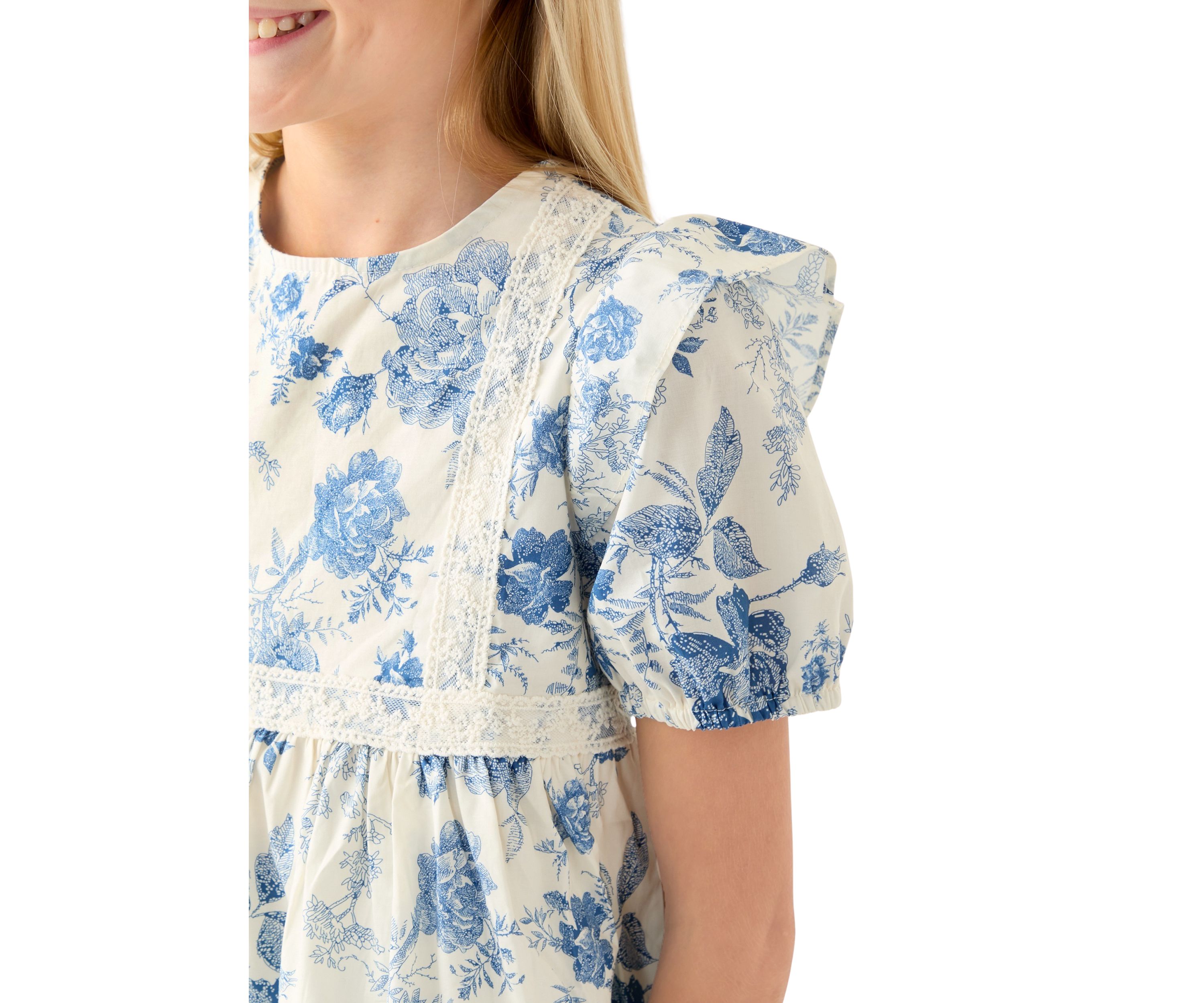 Girls 7-16 Antique Floral Printed Lace Trim Top