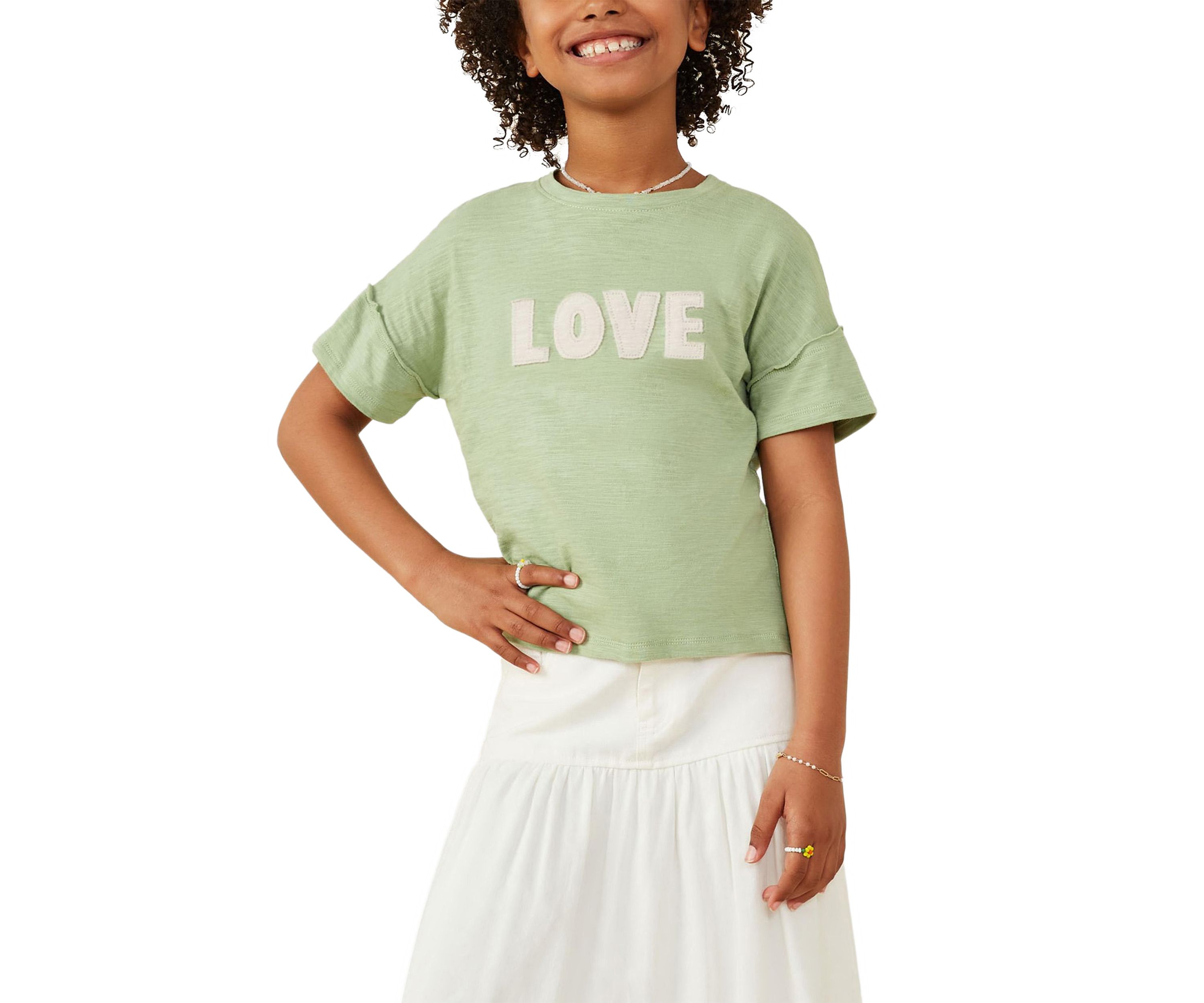 Girls 7-16 Love Verbiage Patch Raw Edge Top