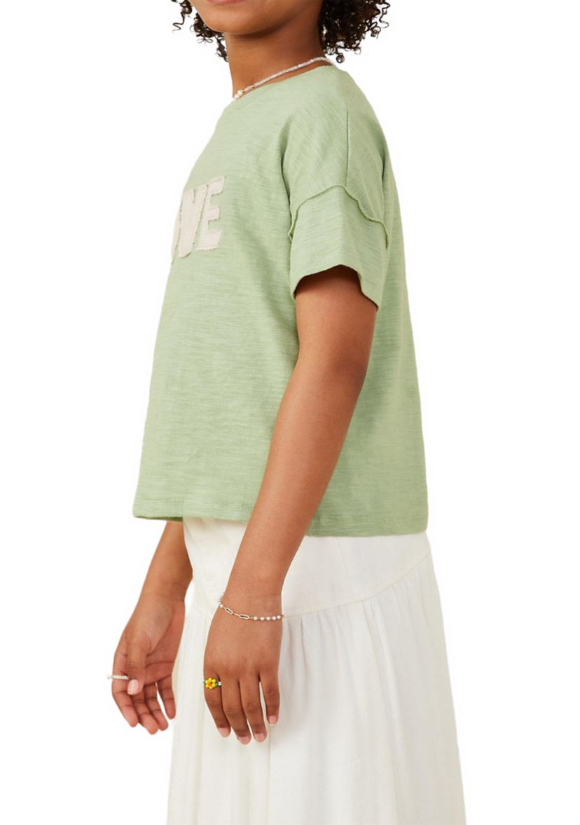 Girls 7-16 Love Verbiage Patch Raw Edge Top