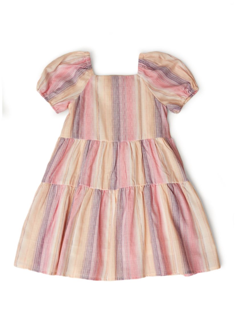Girls 4-6x Textured Vertical Striped Puff Sleeve Dress