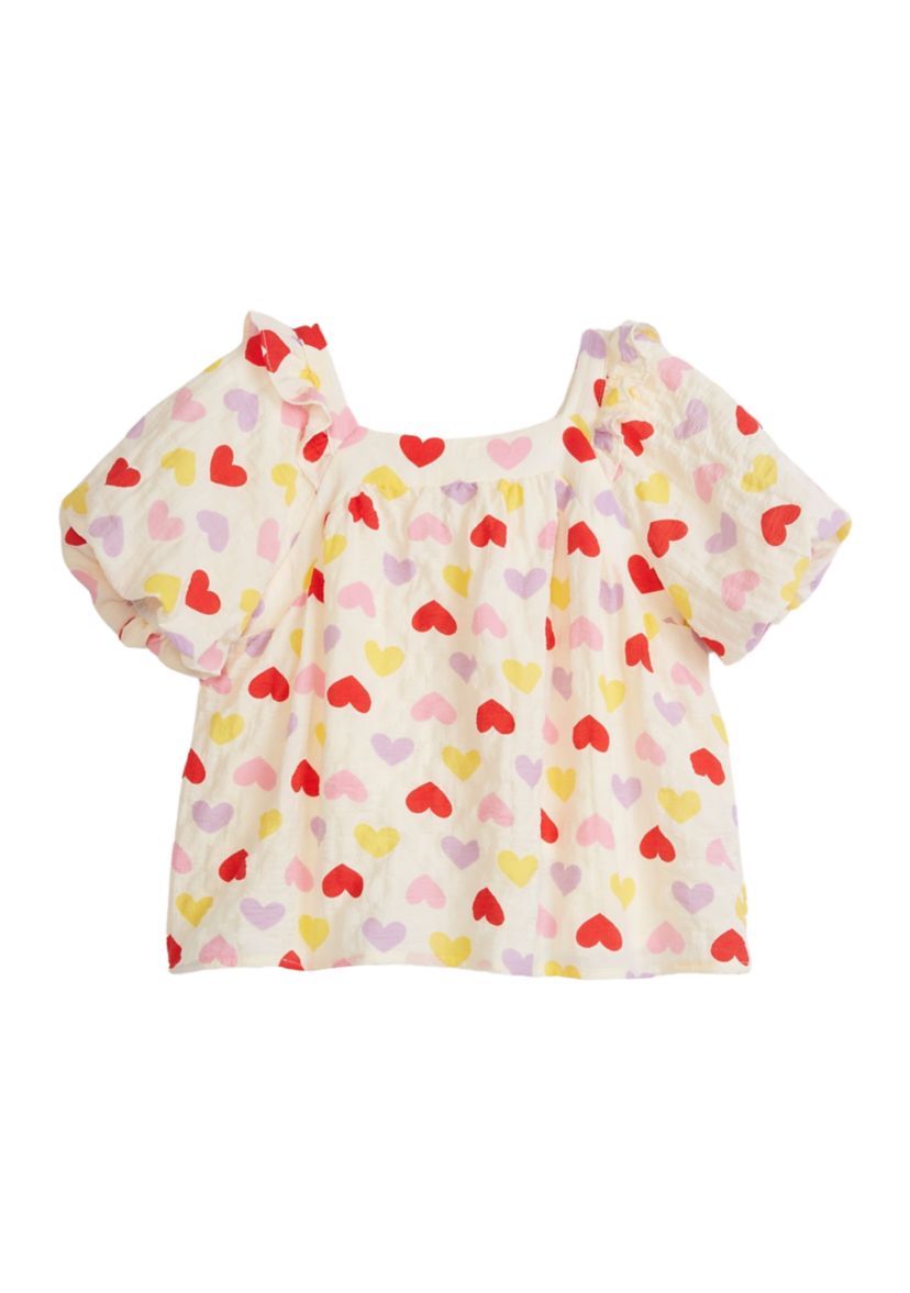 Girls 4-6x Ruffle Detail Heart Print Top