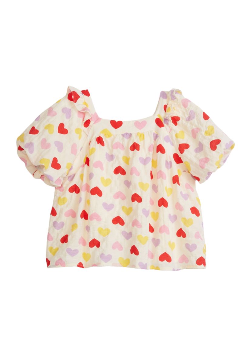 Girls 4-6x Ruffle Detail Heart Print Top