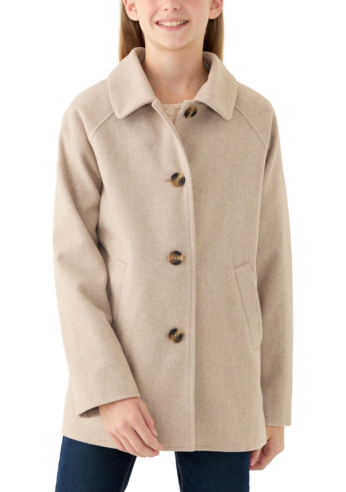 Girls 7-16 Oatmeal Faux Wool Button Down Coat