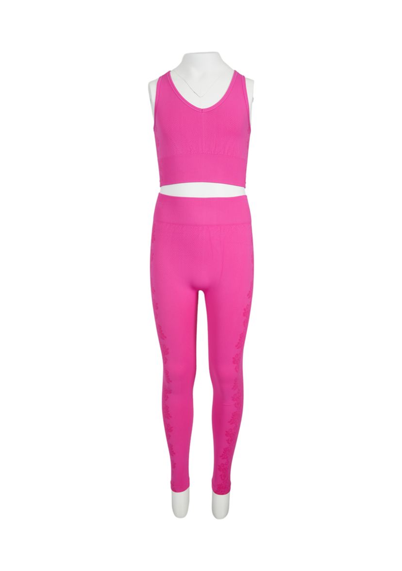 Girls 7-16 Ribbed Seamless V-Neck Top and Floral Jacquard Leggings Set