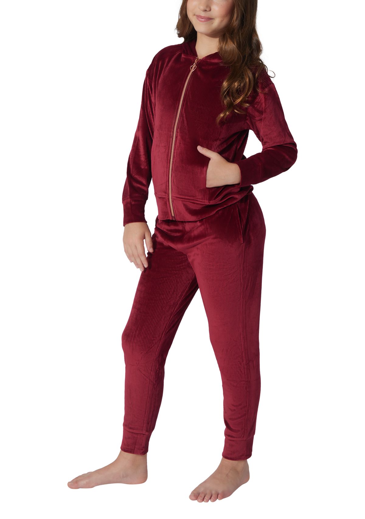 Girls 7-16 Ribbed Velour Zip Jacket and Joggers Set