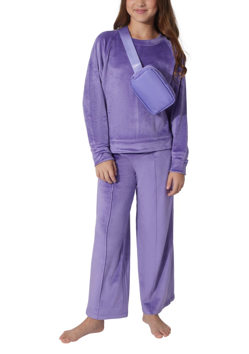 Girls 7-16 Velour Crew Neck and Joggers Set with Bag 