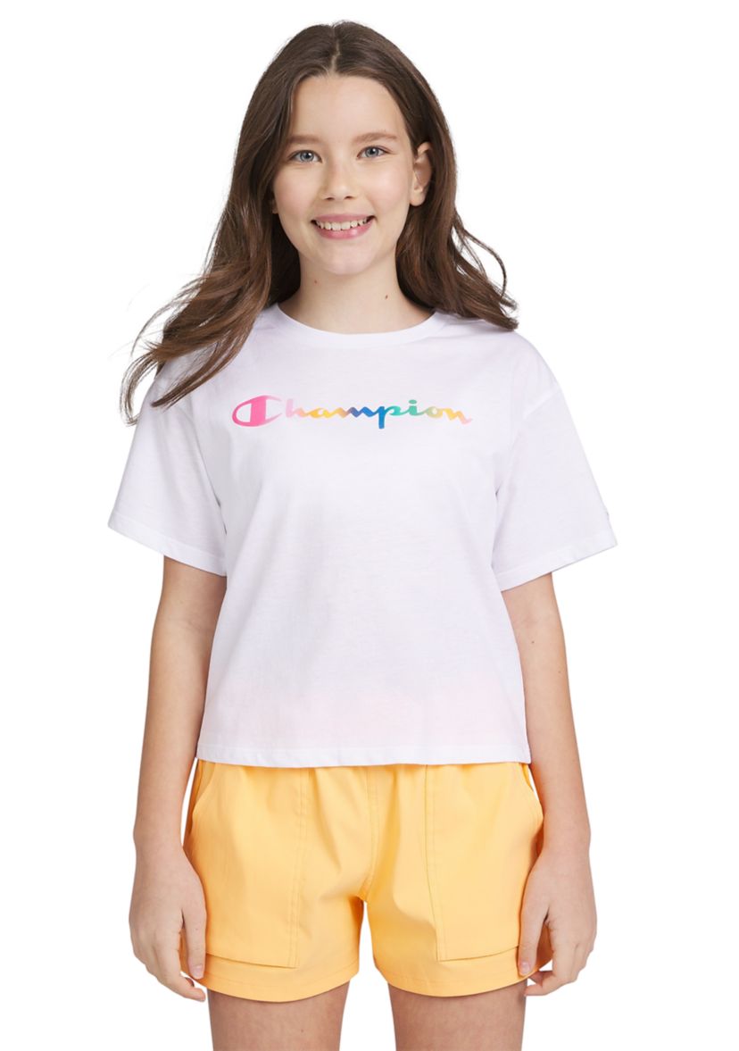 Girls 7-16 Short Sleeve Rainbow Script Meet and Greet Graphic T-Shirt