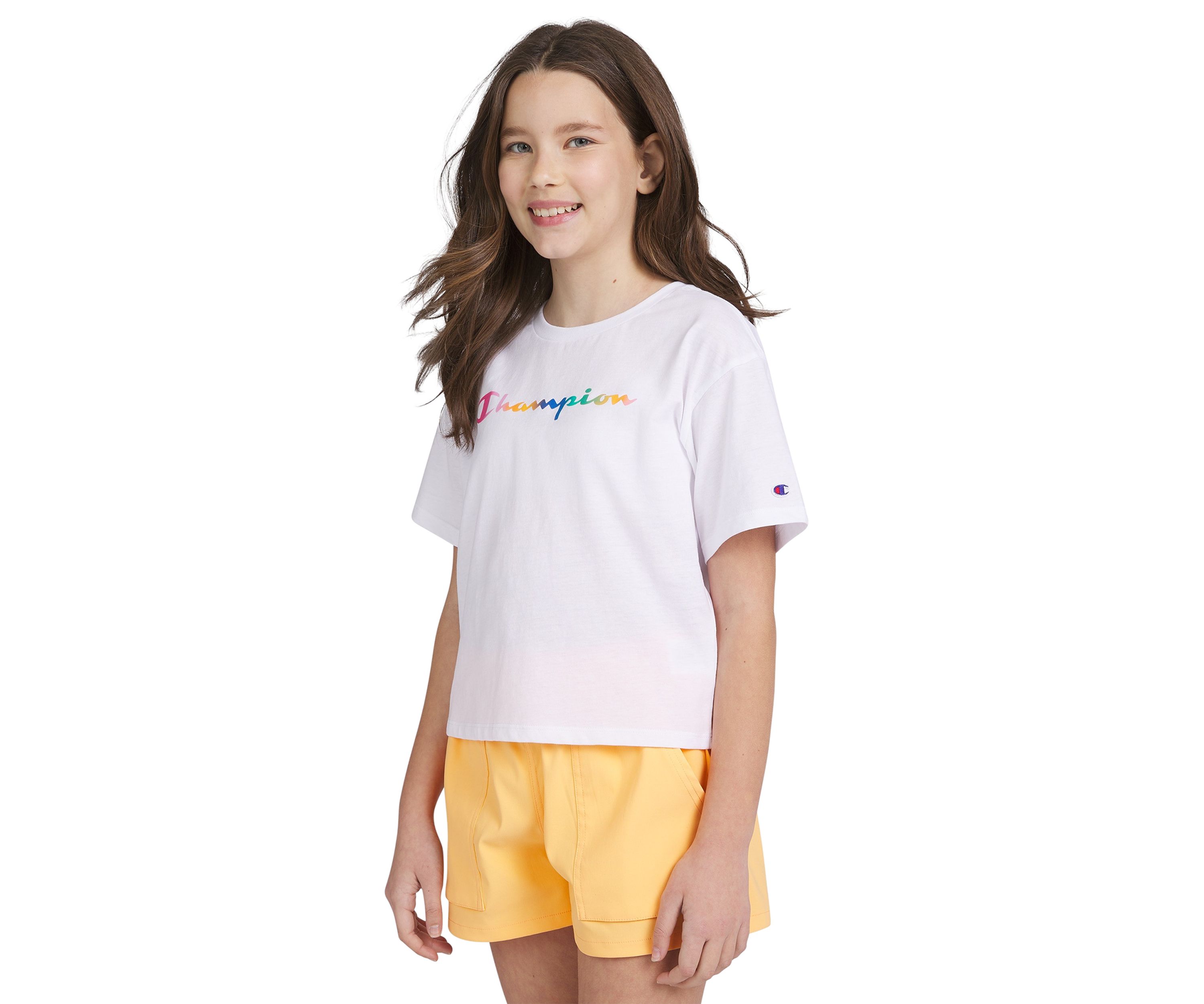 Girls 7-16 Short Sleeve Rainbow Script Meet and Greet Graphic T-Shirt