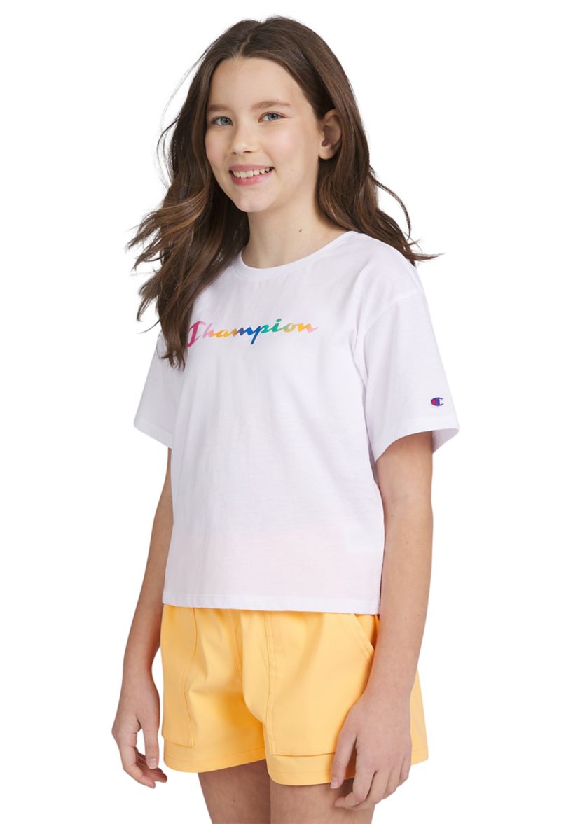 Girls 7-16 Short Sleeve Rainbow Script Meet and Greet Graphic T-Shirt