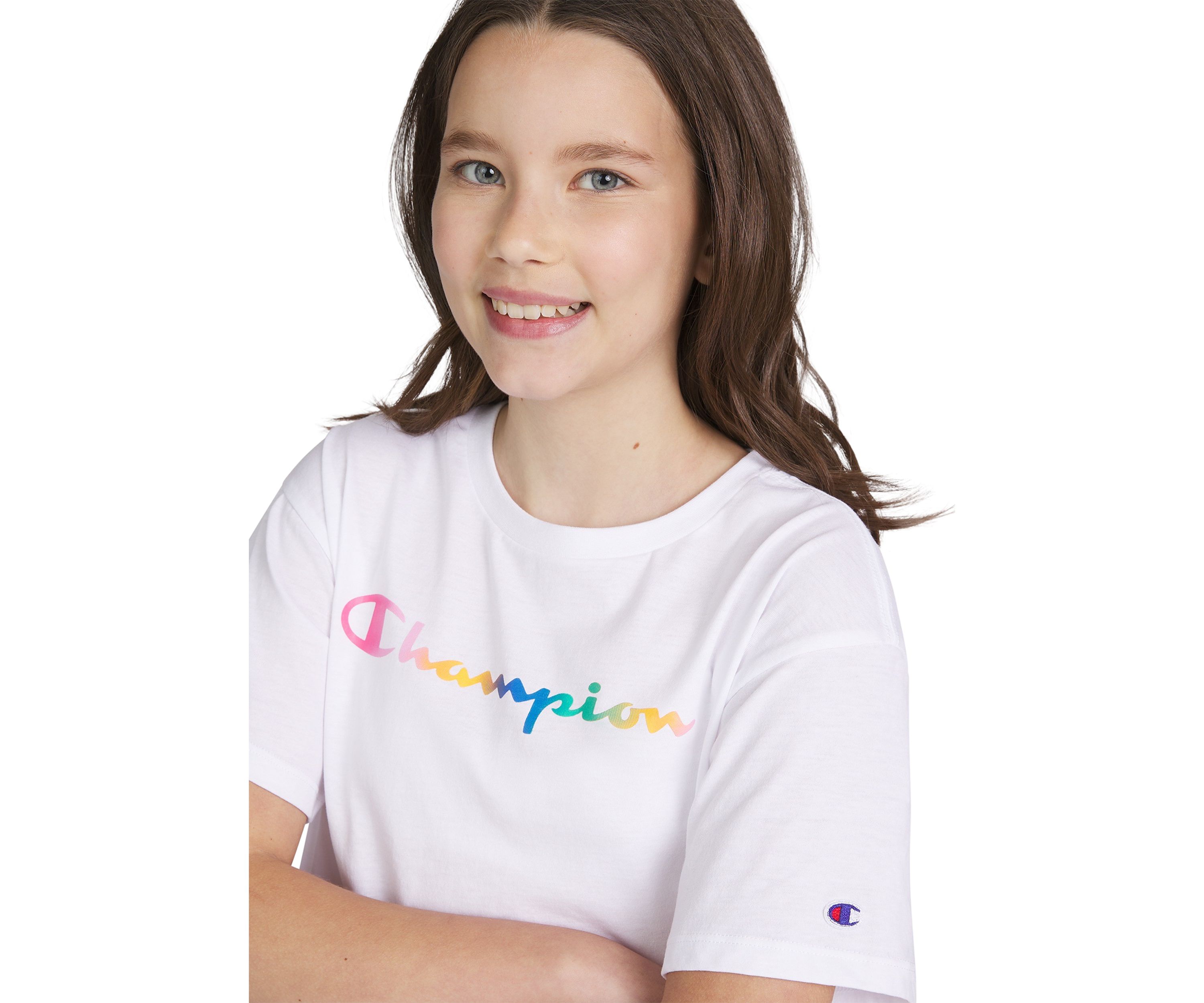 Girls 7-16 Short Sleeve Rainbow Script Meet and Greet Graphic T-Shirt
