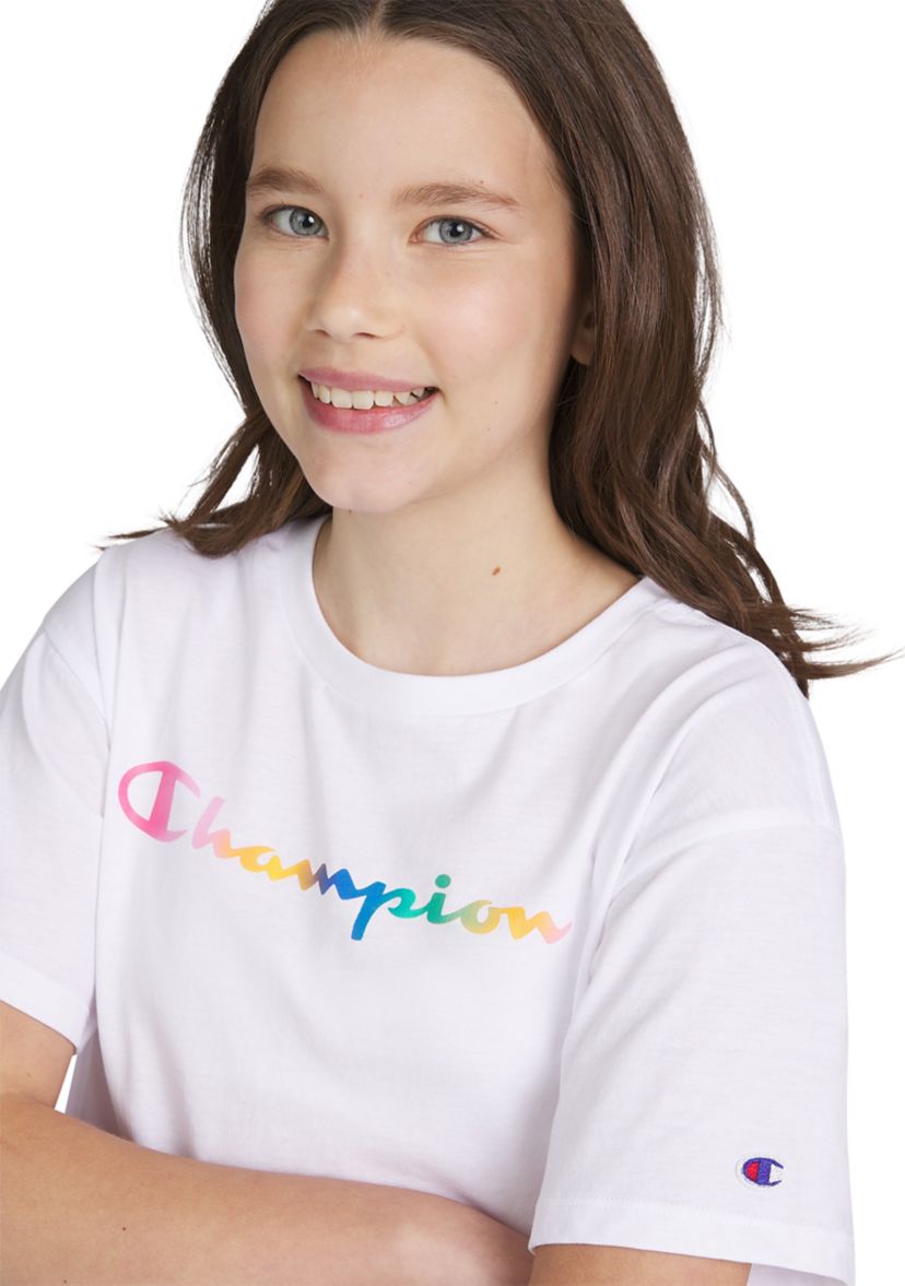 Girls 7-16 Short Sleeve Rainbow Script Meet and Greet Graphic T-Shirt