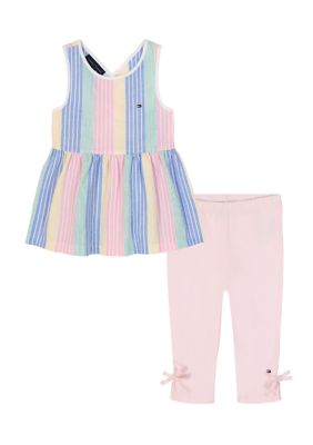 Tommy Hilfiger Girls 4-6x Striped Peplum Top and Pink Leggings Set