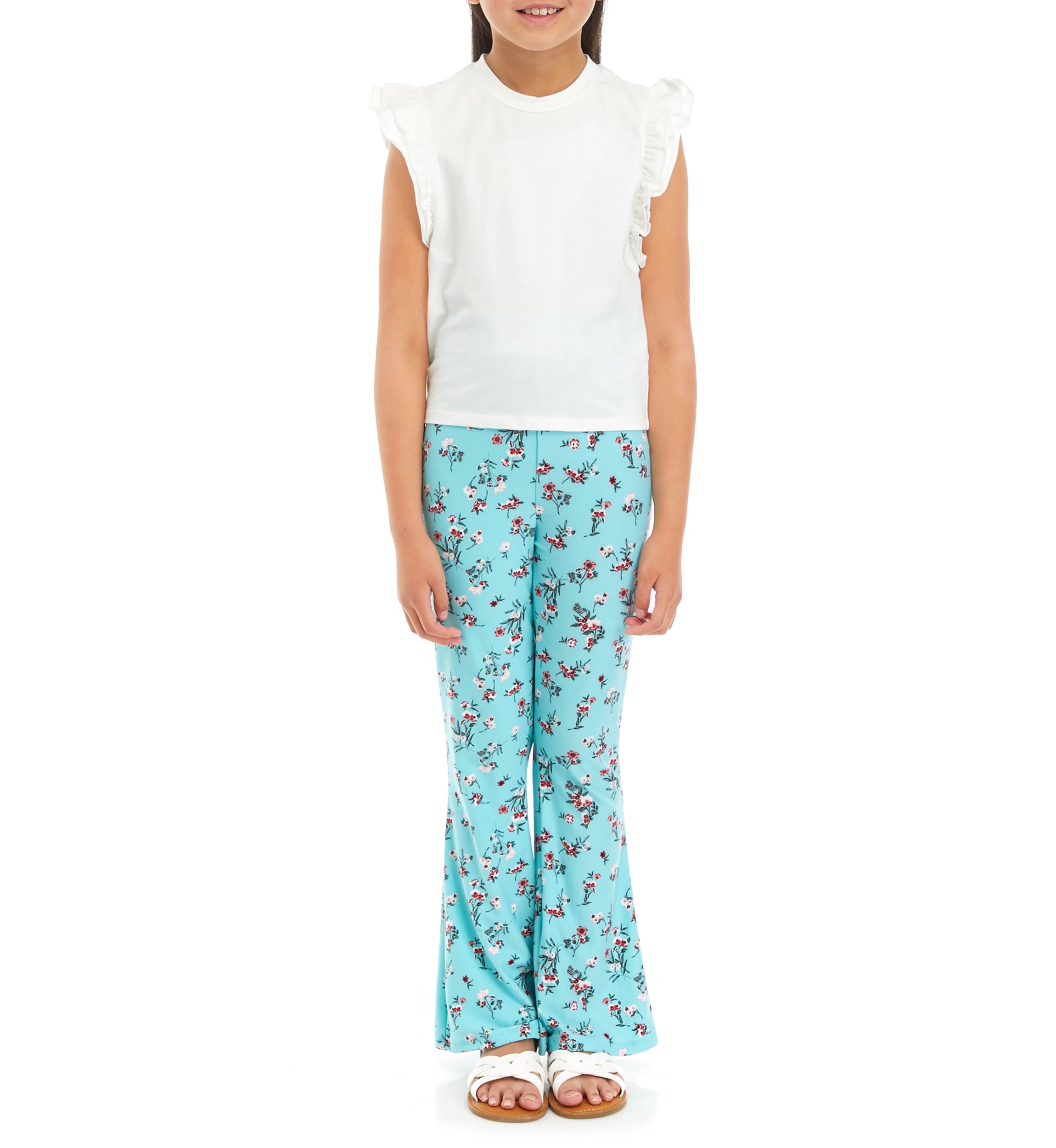 Girls 7-16 Knit Top and Printed Flare Pants Set