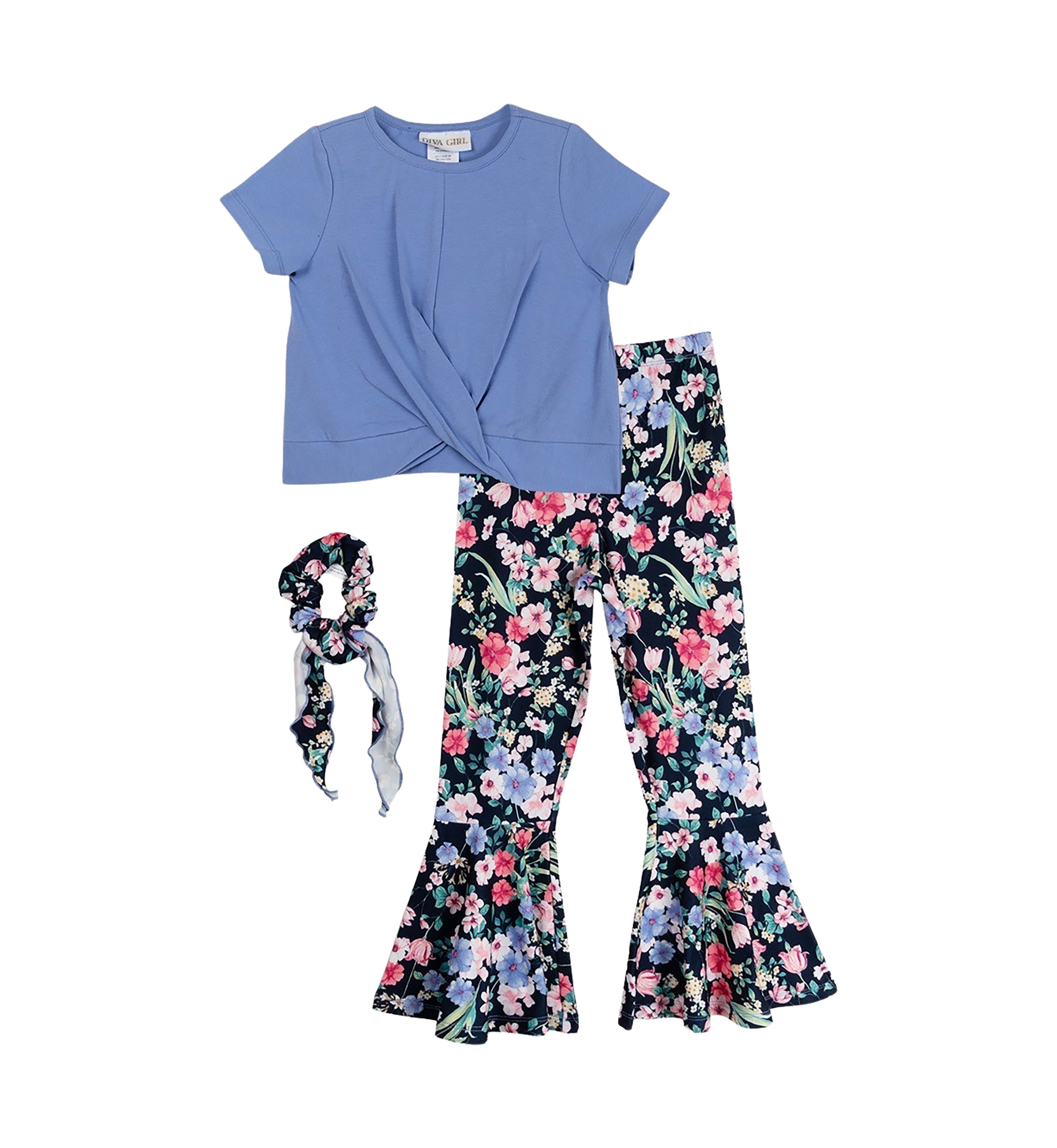 Girls 7-16 Solid Knit Top and Printed Leggings Set with Scrunchie