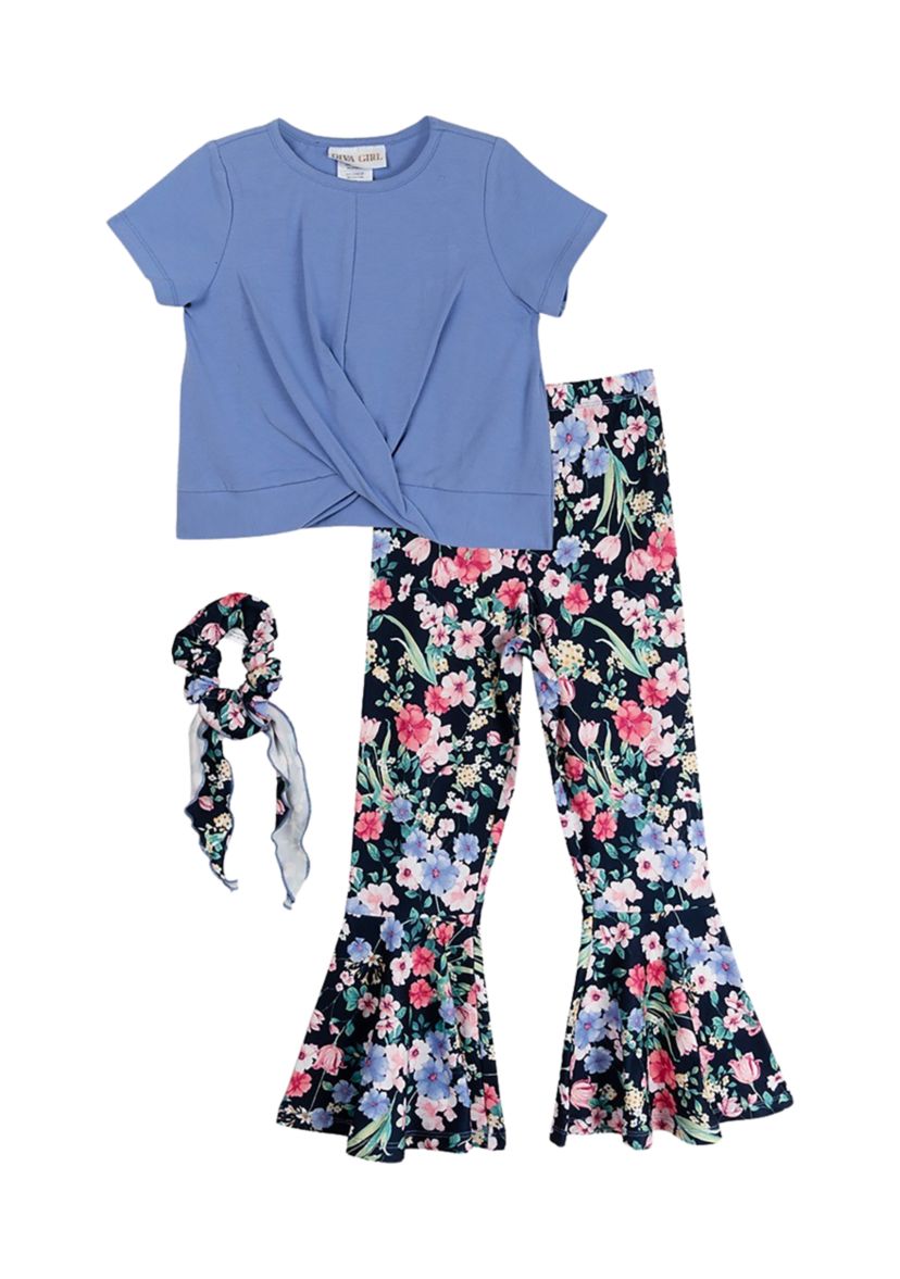 Girls 7-16 Solid Knit Top and Printed Leggings Set with Scrunchie