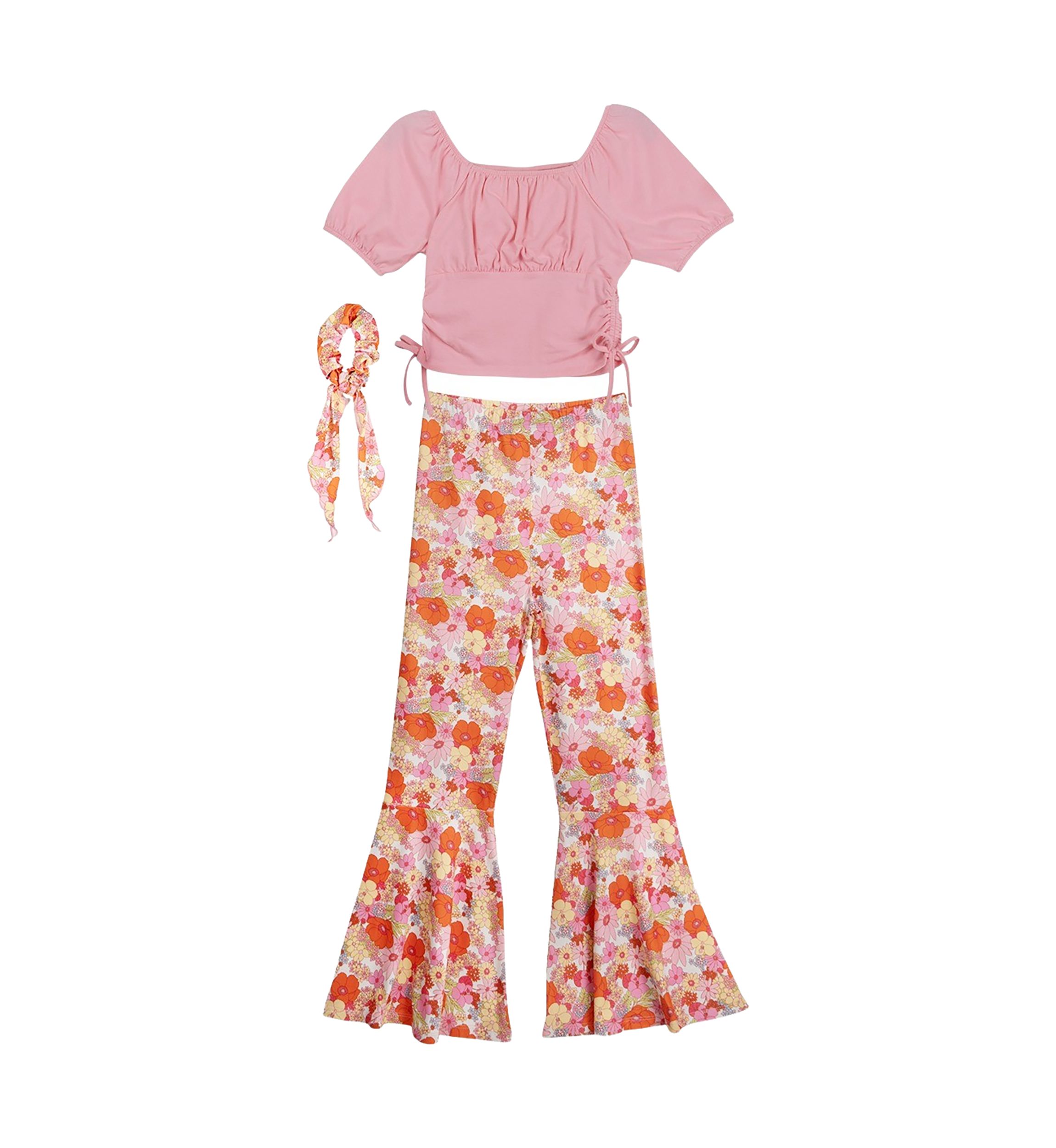 Girls 7-16 Ruched Top and Floral Printed Pants with Scrunchie