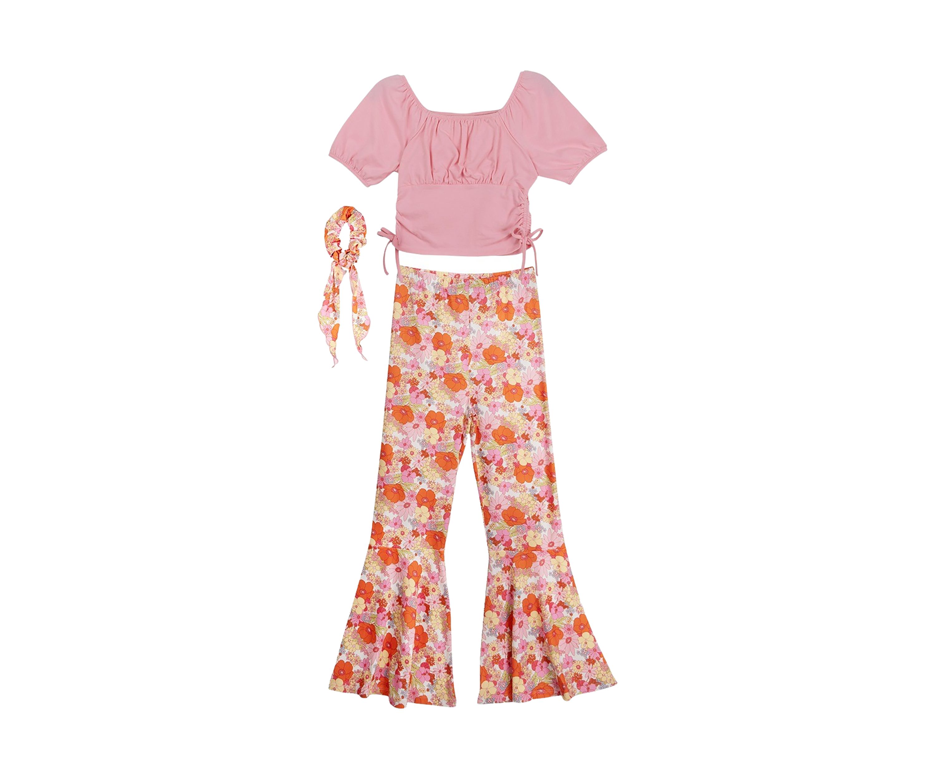 Girls 7-16 Ruched Top and Floral Printed Pants with Scrunchie