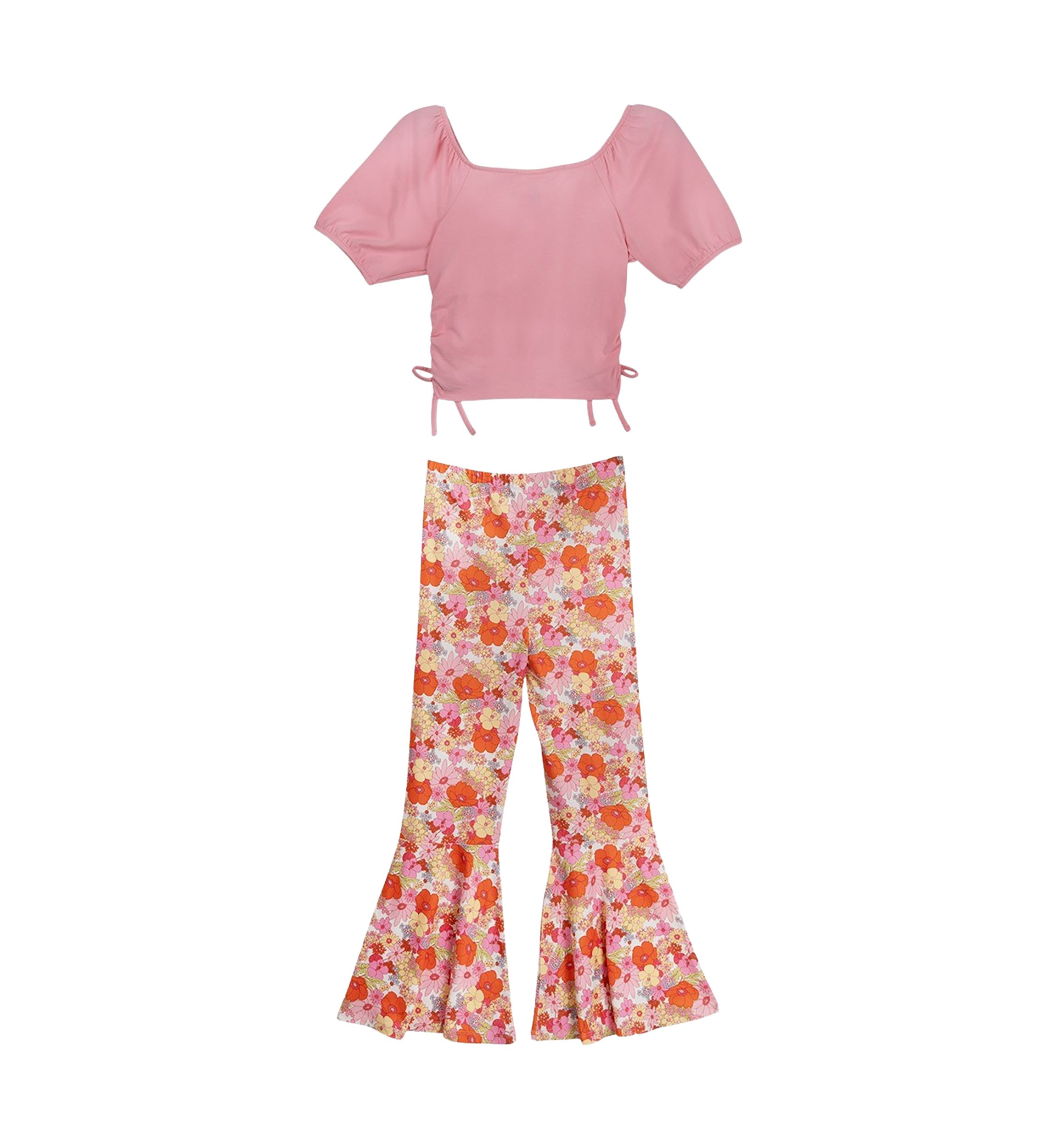 Girls 7-16 Ruched Top and Floral Printed Pants with Scrunchie