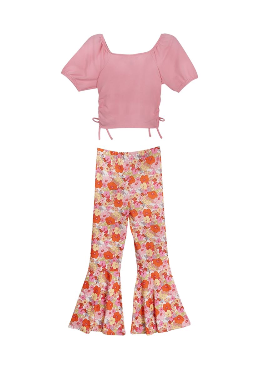 Girls 7-16 Ruched Top and Floral Printed Pants with Scrunchie