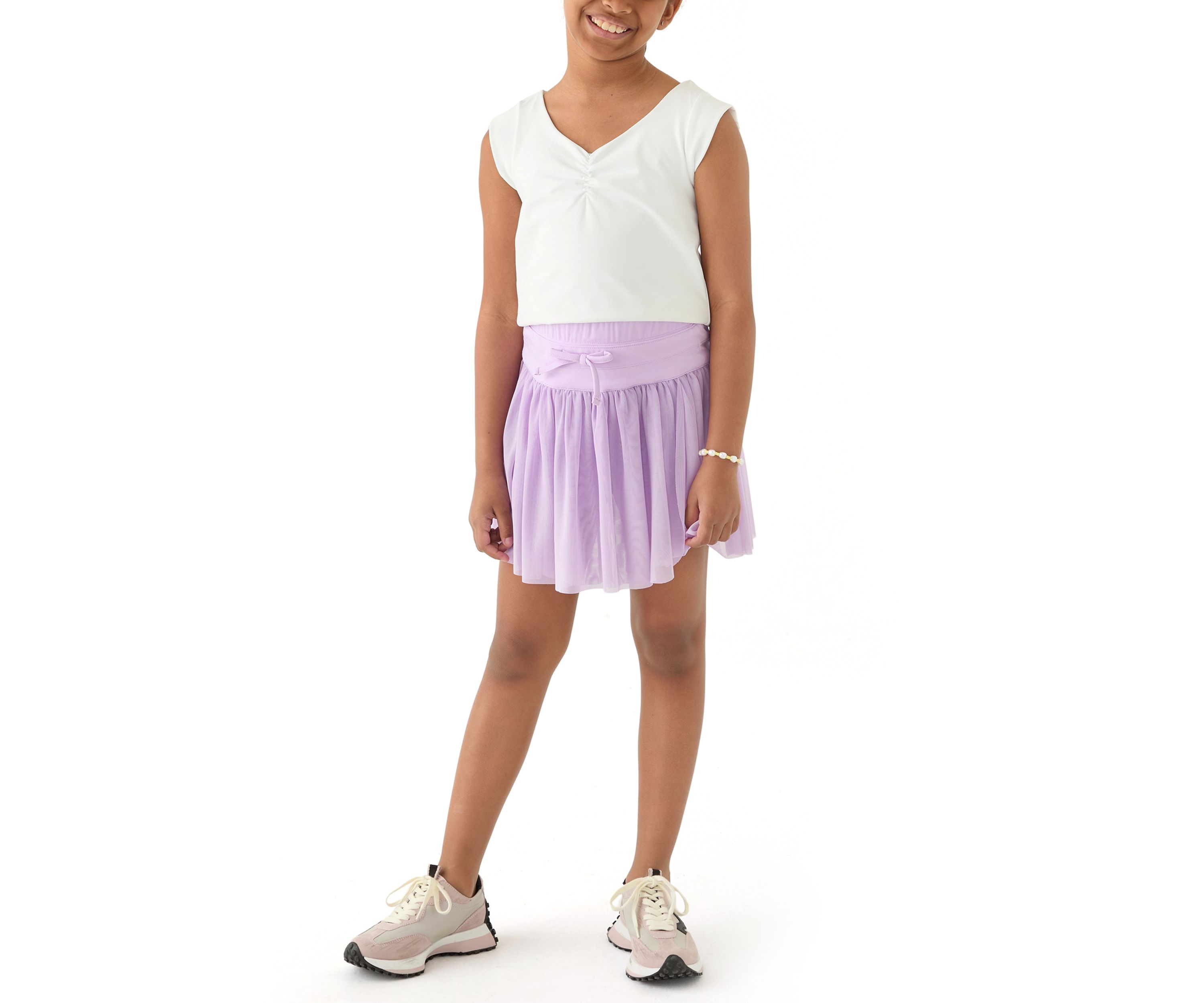 Girls 7-16 V-Neck T-Shirt and Mesh Skort Set