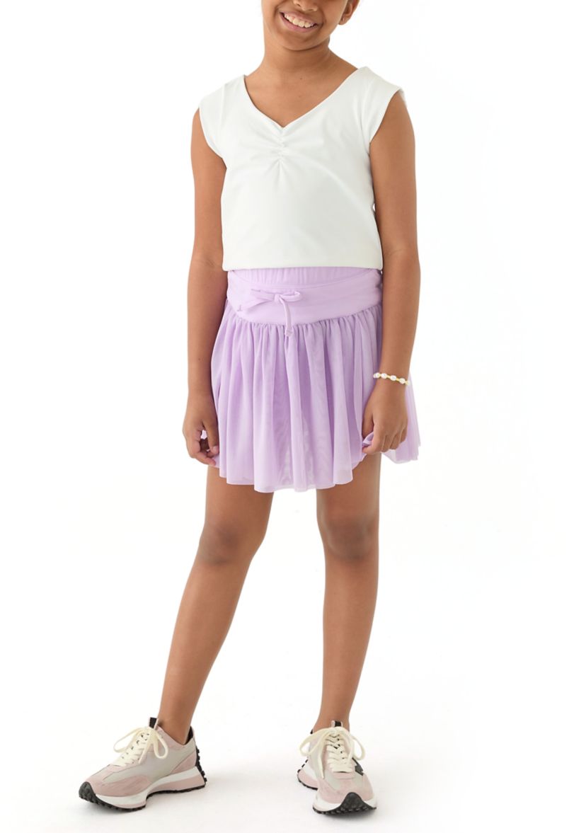 Girls 7-16 V-Neck T-Shirt and Mesh Skort Set