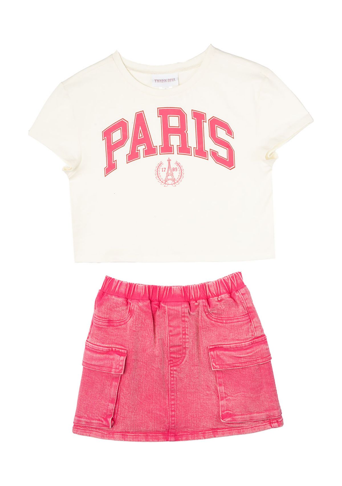 Girls 7-16 Paris Graphic T-Shirt and Denim Skort Set