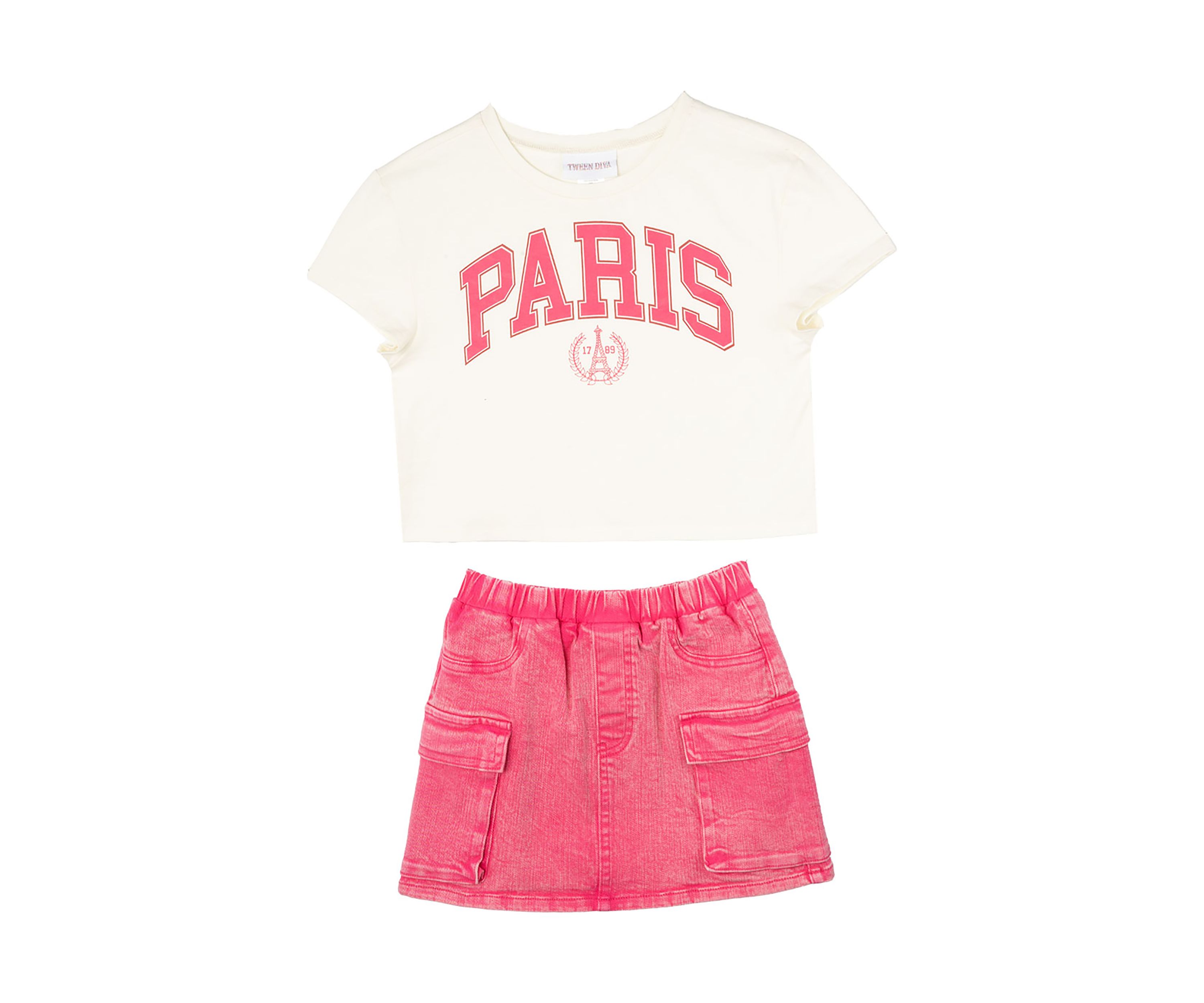 Girls 7-16 Paris Graphic T-Shirt and Denim Skort Set
