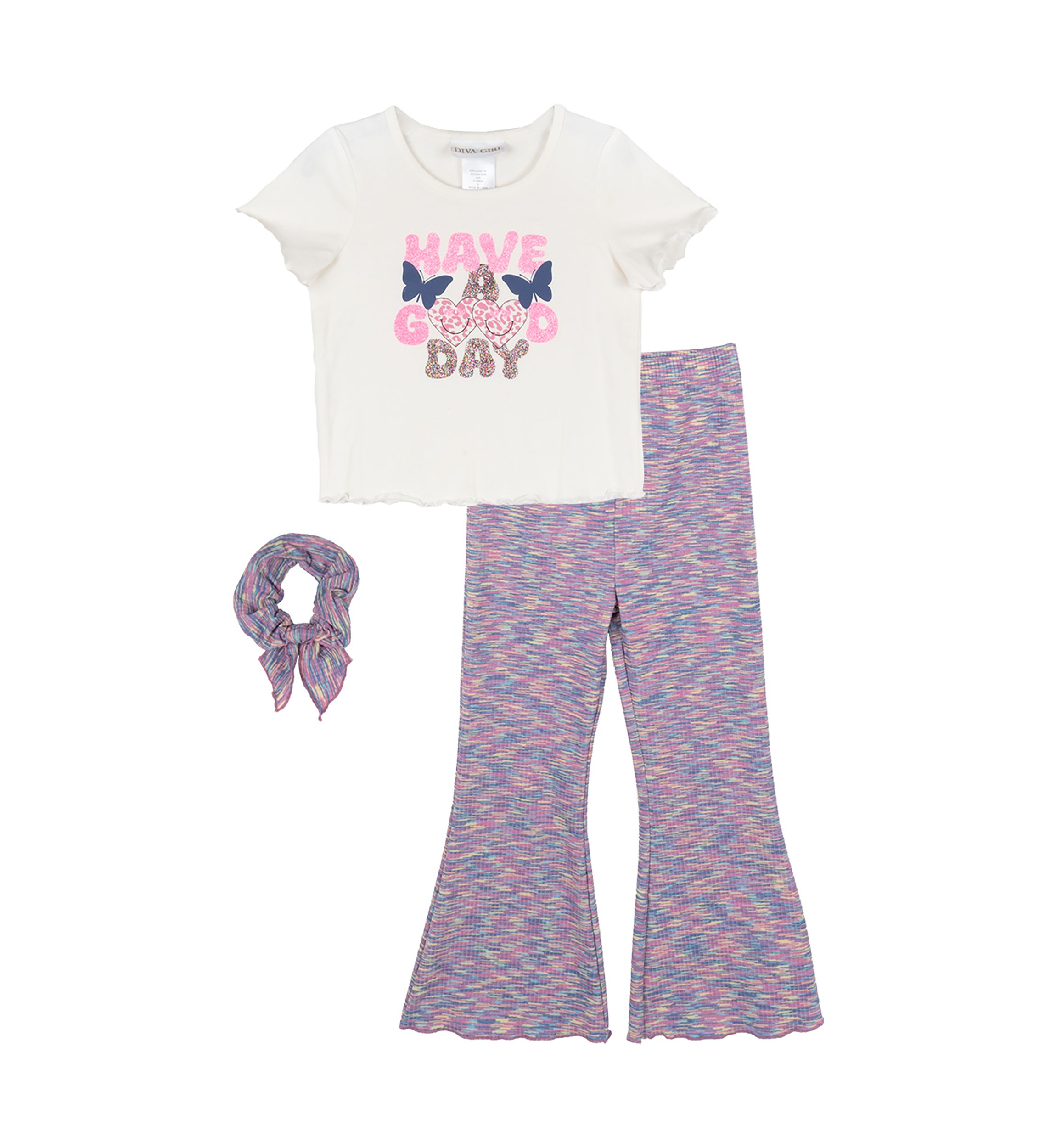 Girls 4-6x Jersey Knit Pants and Graphic T-Shirt Set with Scrunchie