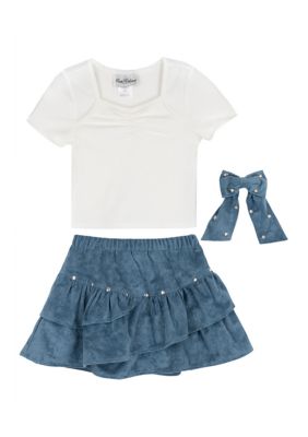 Rare Editions Girls 7-16 Smocked Knit Top and Suede Skirt Set, Navy Blue, 6X