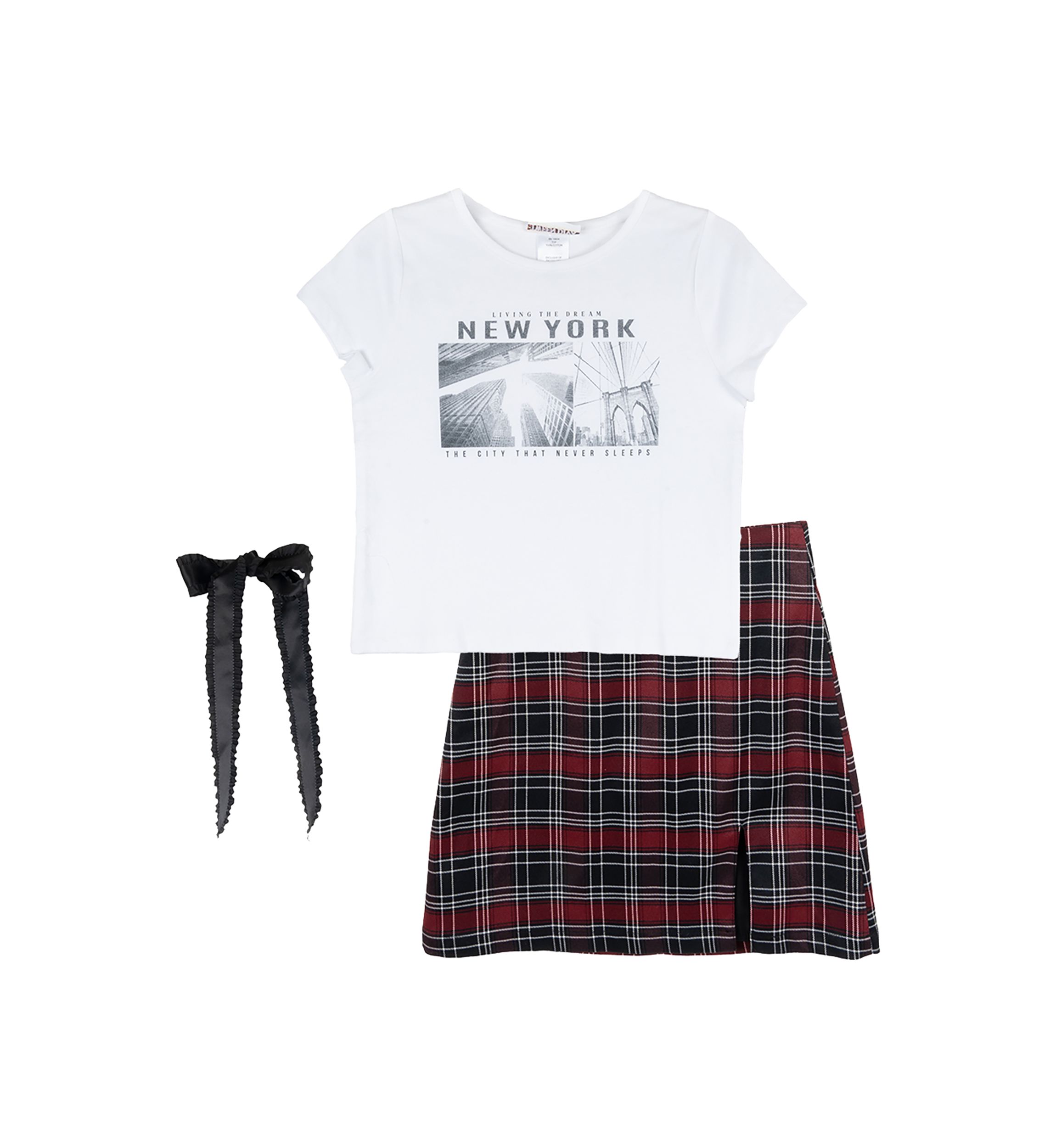 Girls 7-16 T-Shirt and Plaid Printed Skirt